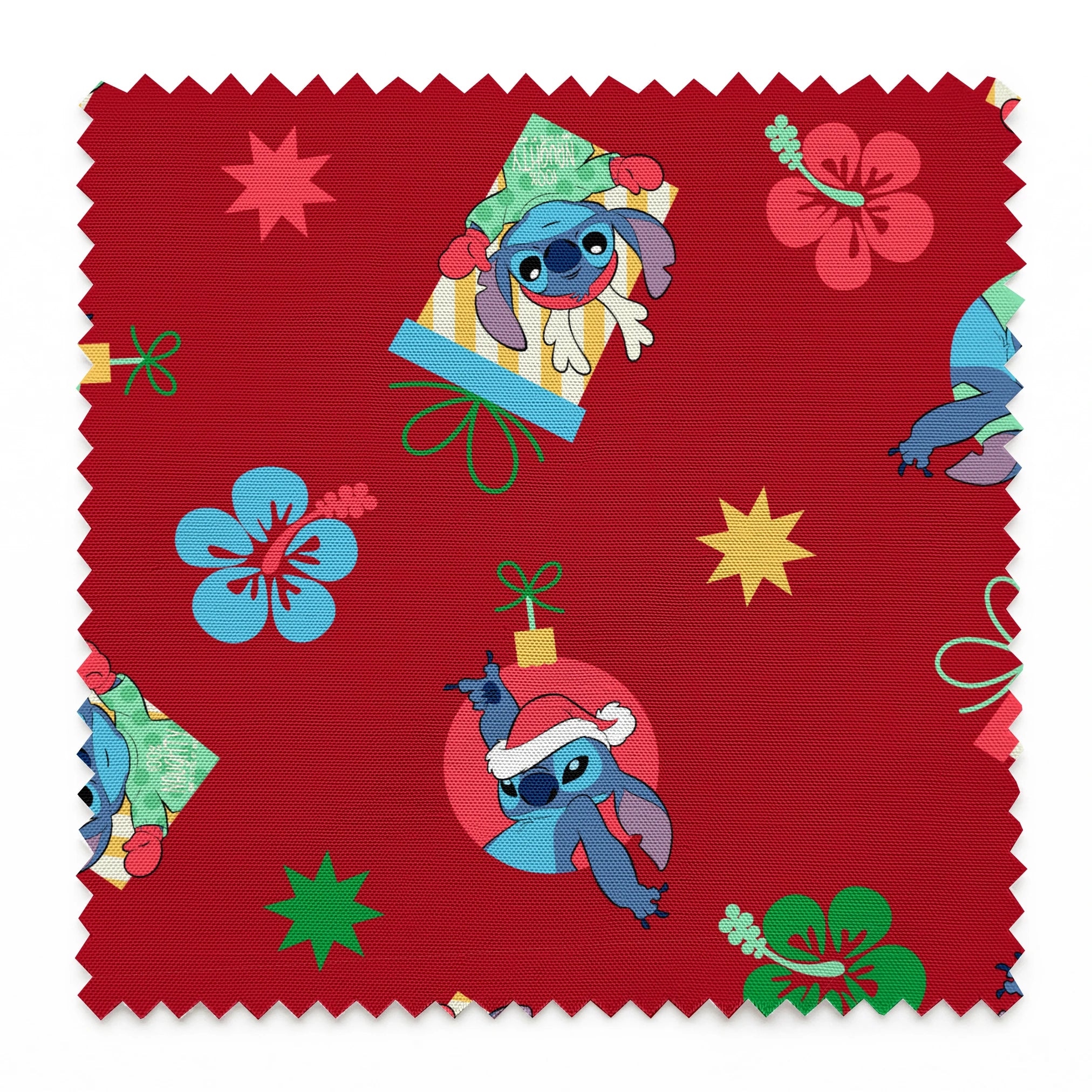 Disney Stitch pattern on red background with flowers and decorative elements springs swatch pinked