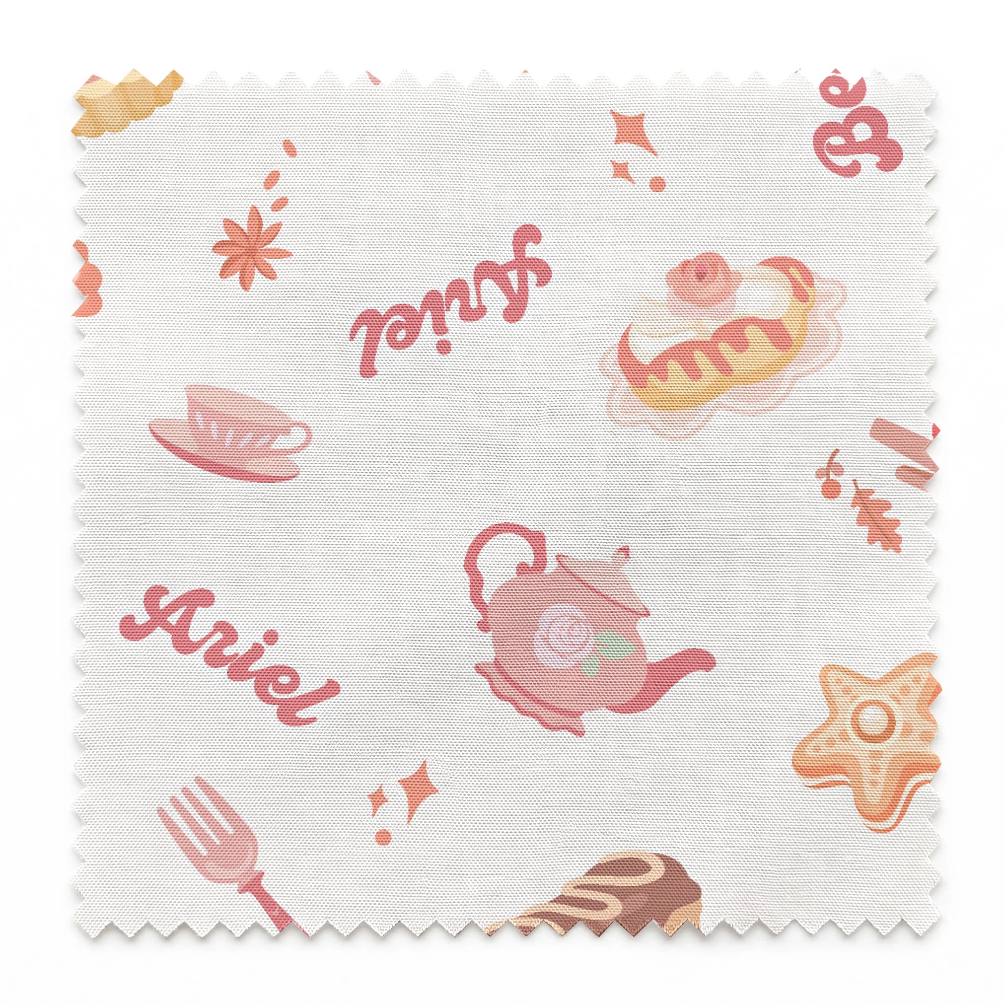 Disney Princess bakery pattern with desserts, teapot, teacup, and text on cream background springs swatch pinked