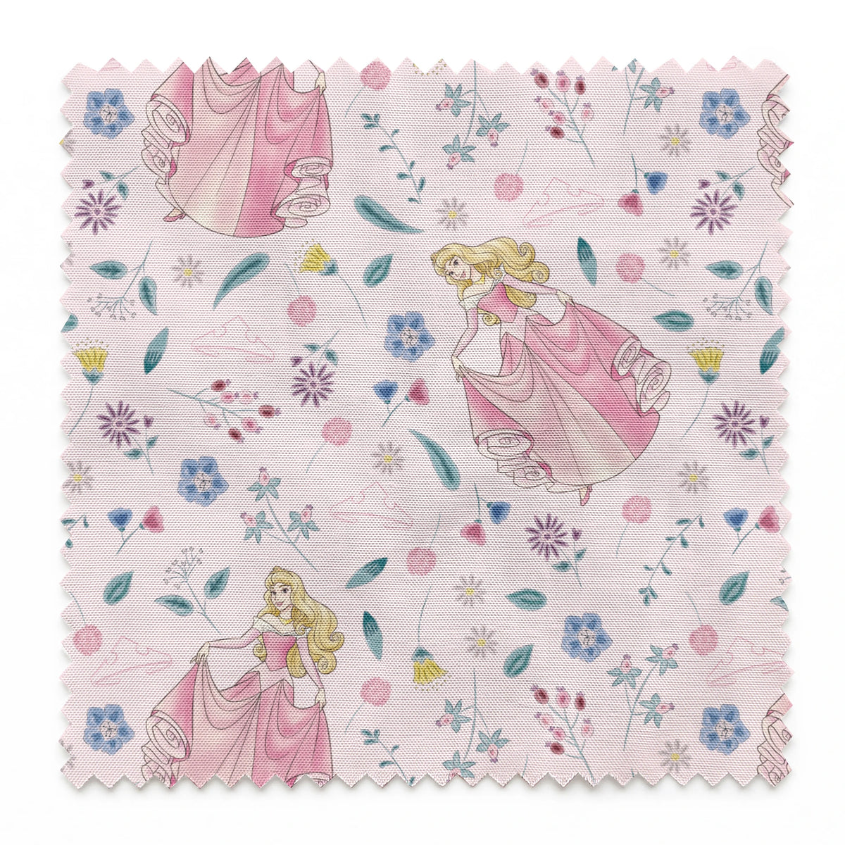Disney's Sleeping Beauty surrounded by scattered flowers and leaves on light pink background springs swatch pinked