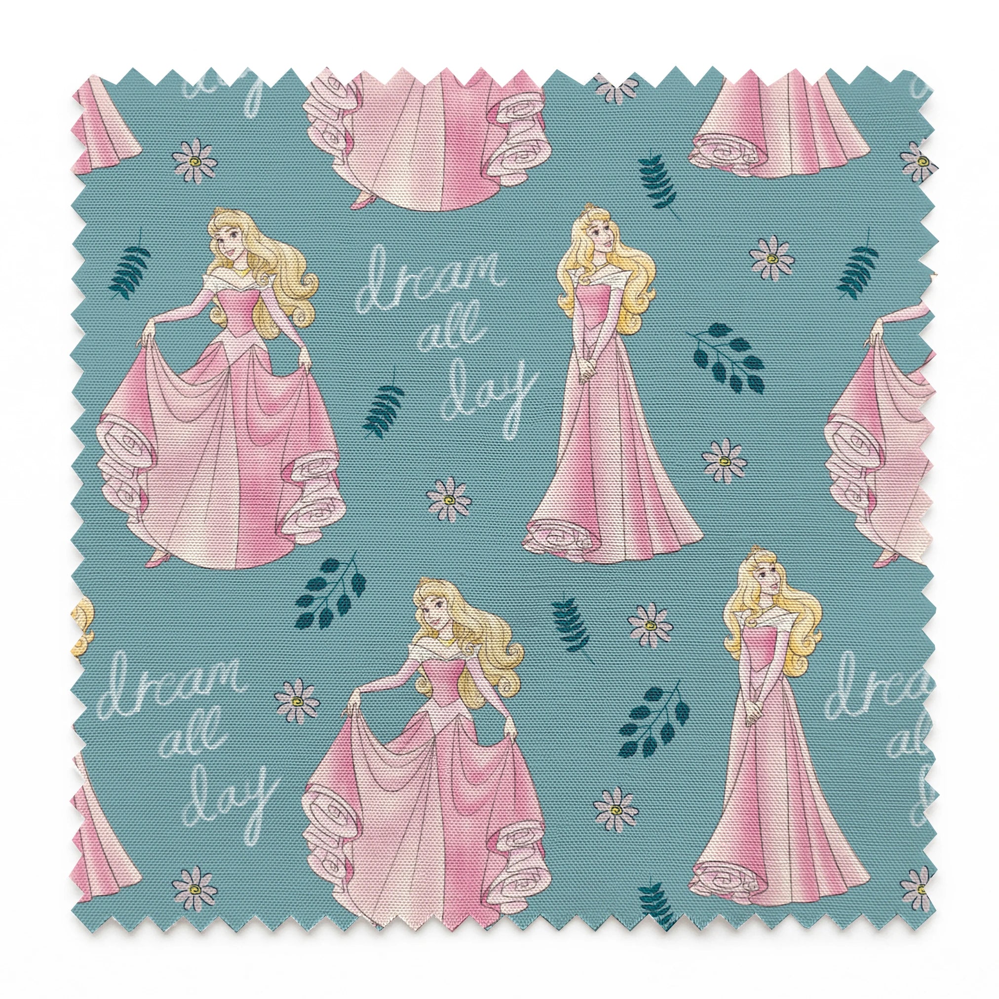 Sleeping Beauty pattern with "dream all day" text on teal background with floral elements springs swatch pinked
