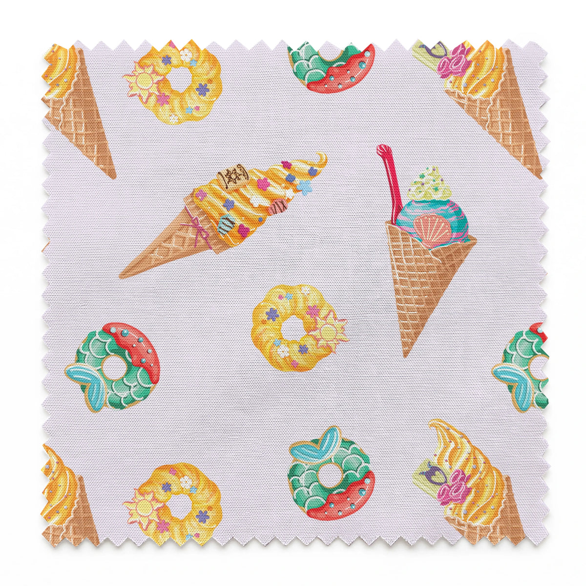 Colorful Disney Princess-inspired ice cream cones and donuts in pastel colors on light purple background springs swatch pinked