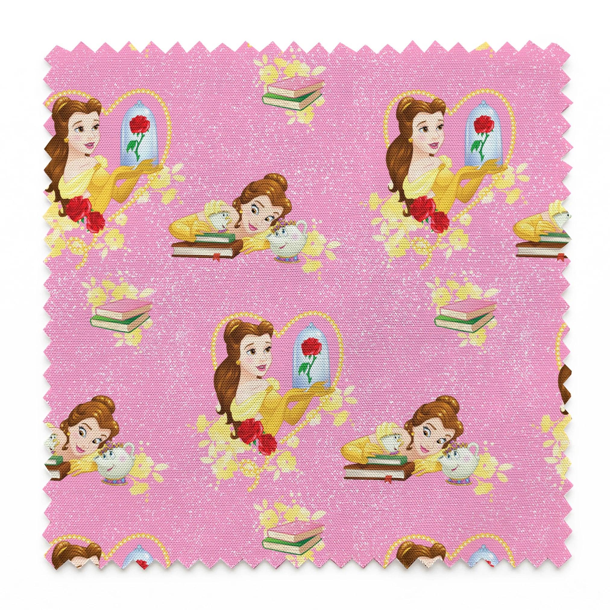 Repeating pattern of Disney's Belle character with enchanted rose and books on pink sparkly background springs swatch pinked