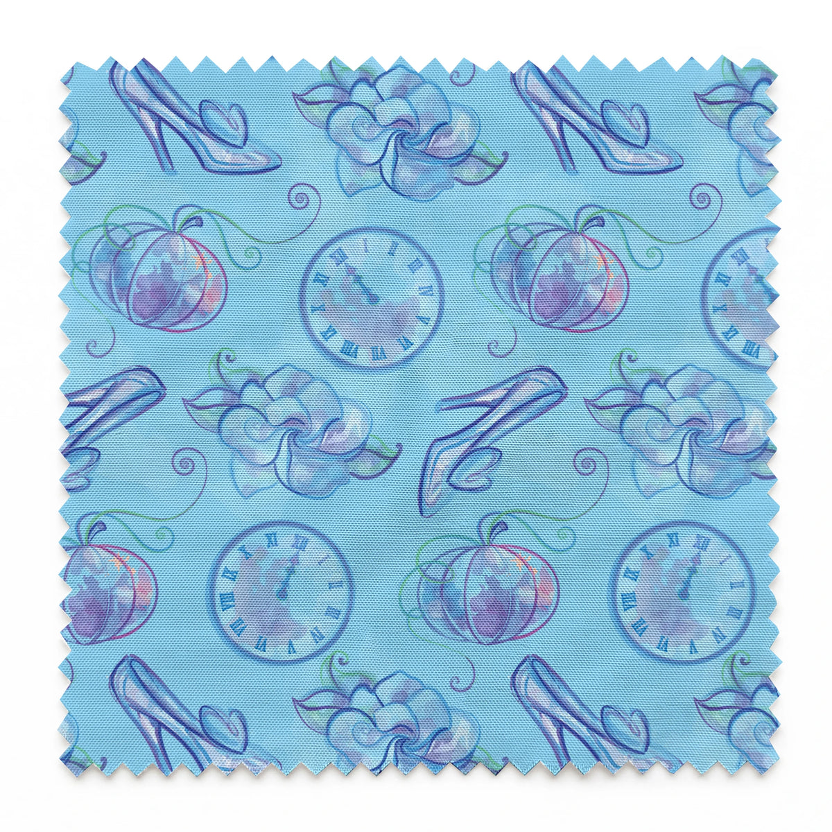 Whimsical Cinderella-themed pattern with glass slippers, pumpkins, clocks, and ribbons in soft blue and purple tones springs swatch pinked