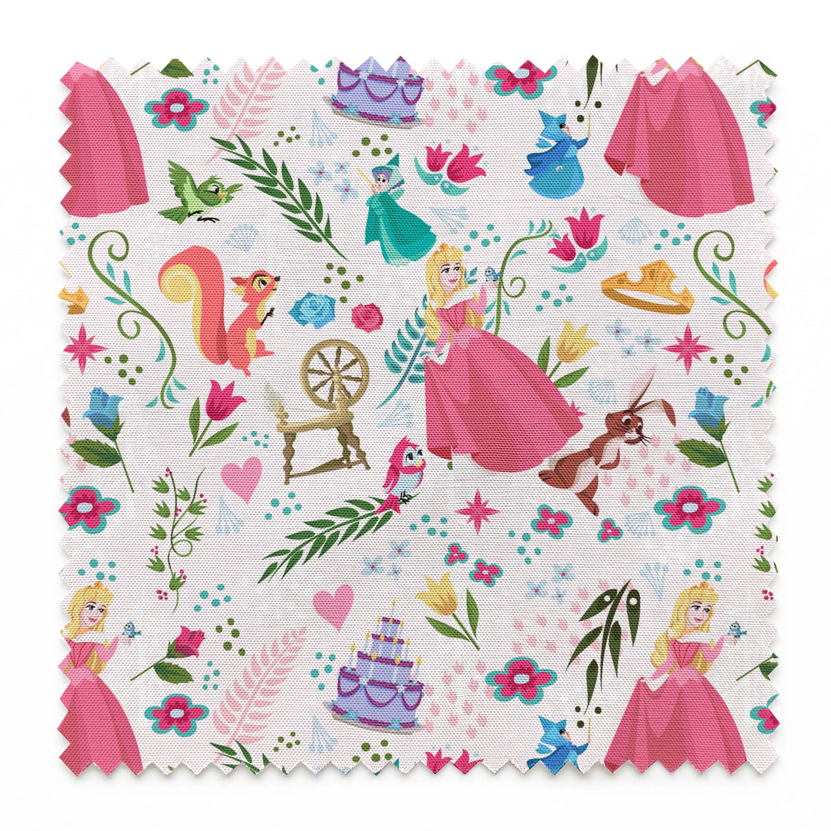 Colorful Sleeping Beauty pattern with Aurora, animals, flowers, spinning wheel, and cake on light background springs swatch pinked