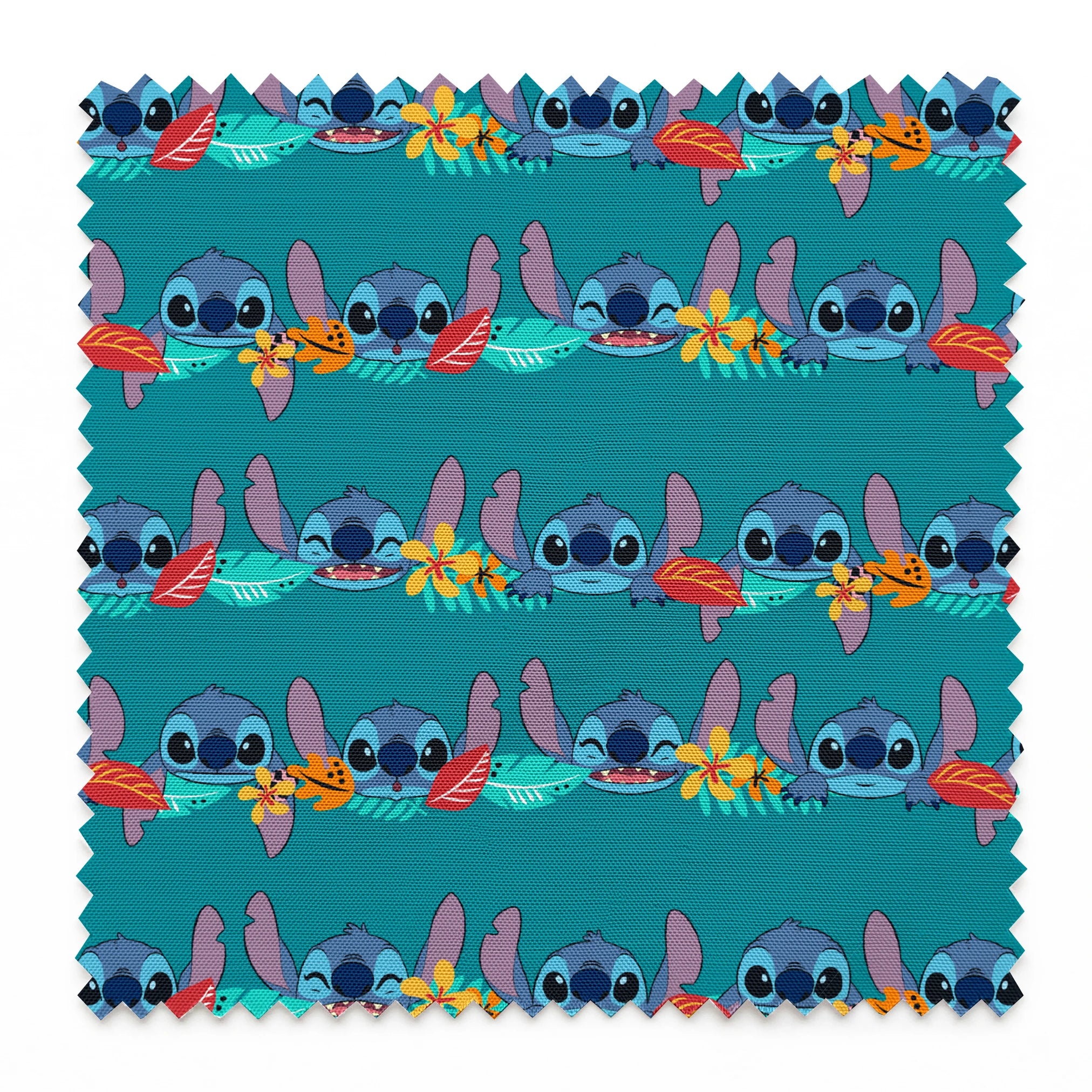 Repeating stripe design with Disney’s Stitch peeking between rows of tropical hibiscus flowers and colorful leaves on a teal background. springs swatch pinked