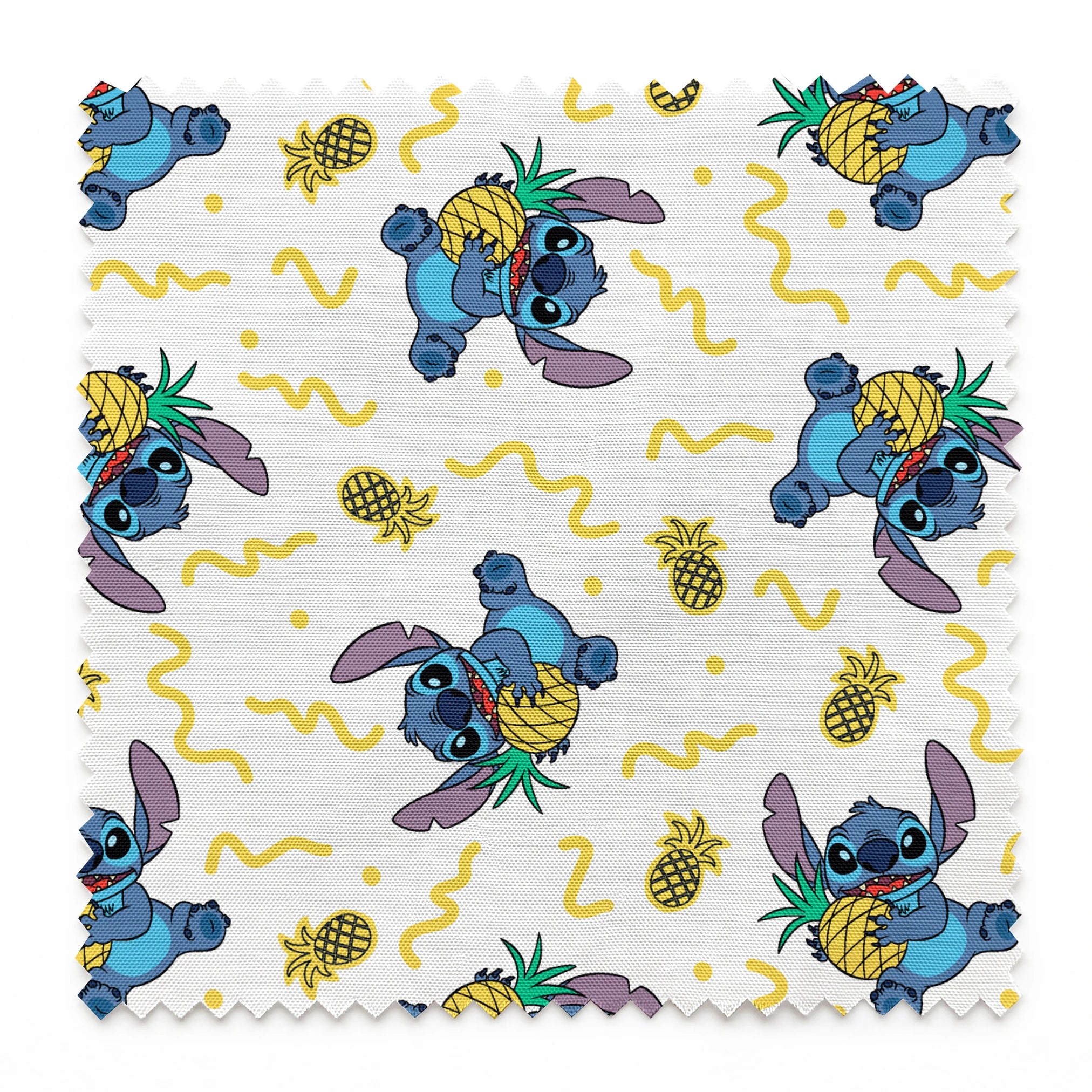 Disney's Stitch holding pineapples with yellow squiggly lines on white background pattern springs swatch pinked