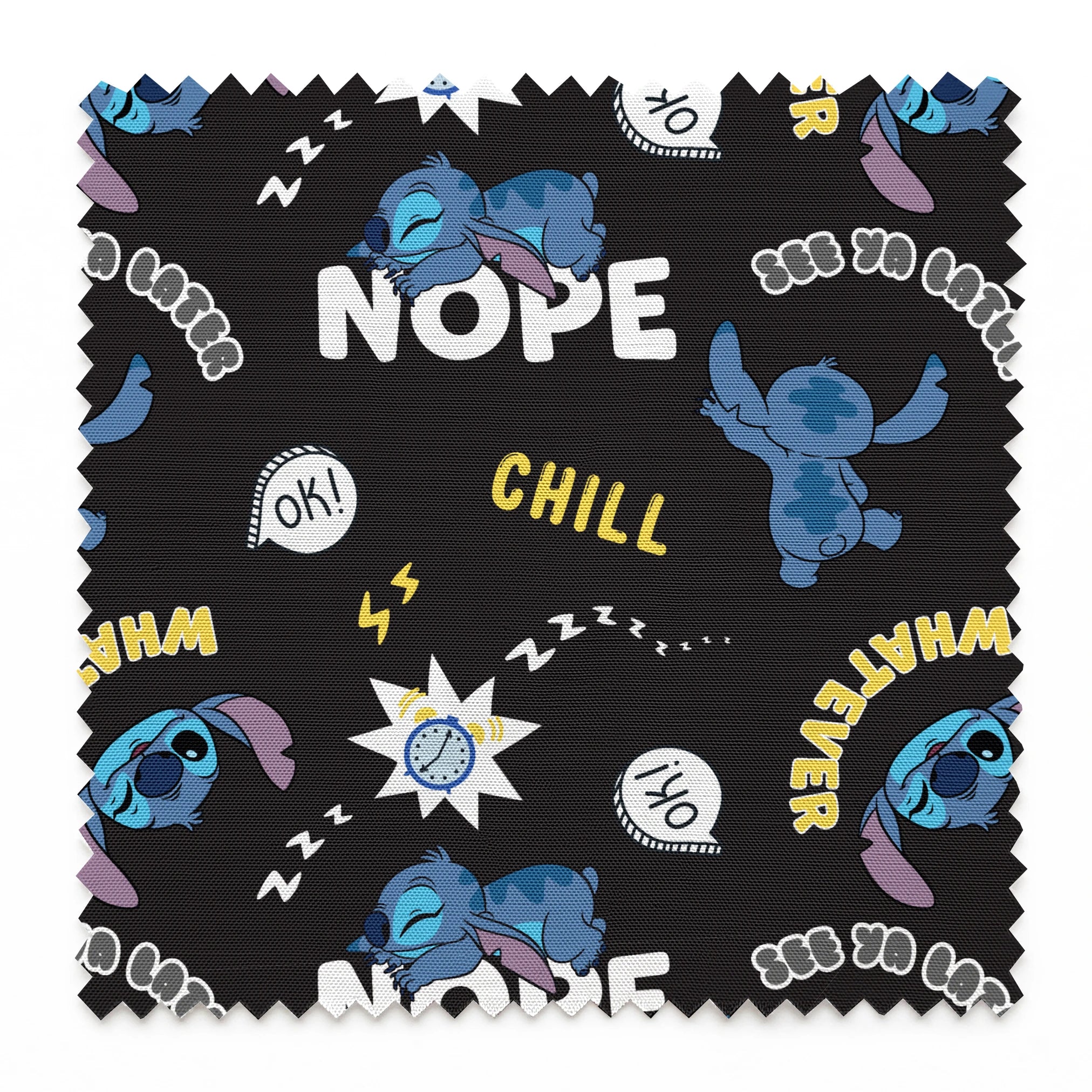 Disney Stitch pattern on black background with text "NOPE," "CHILL," "OK!" and sleep symbols springs swatch pinked