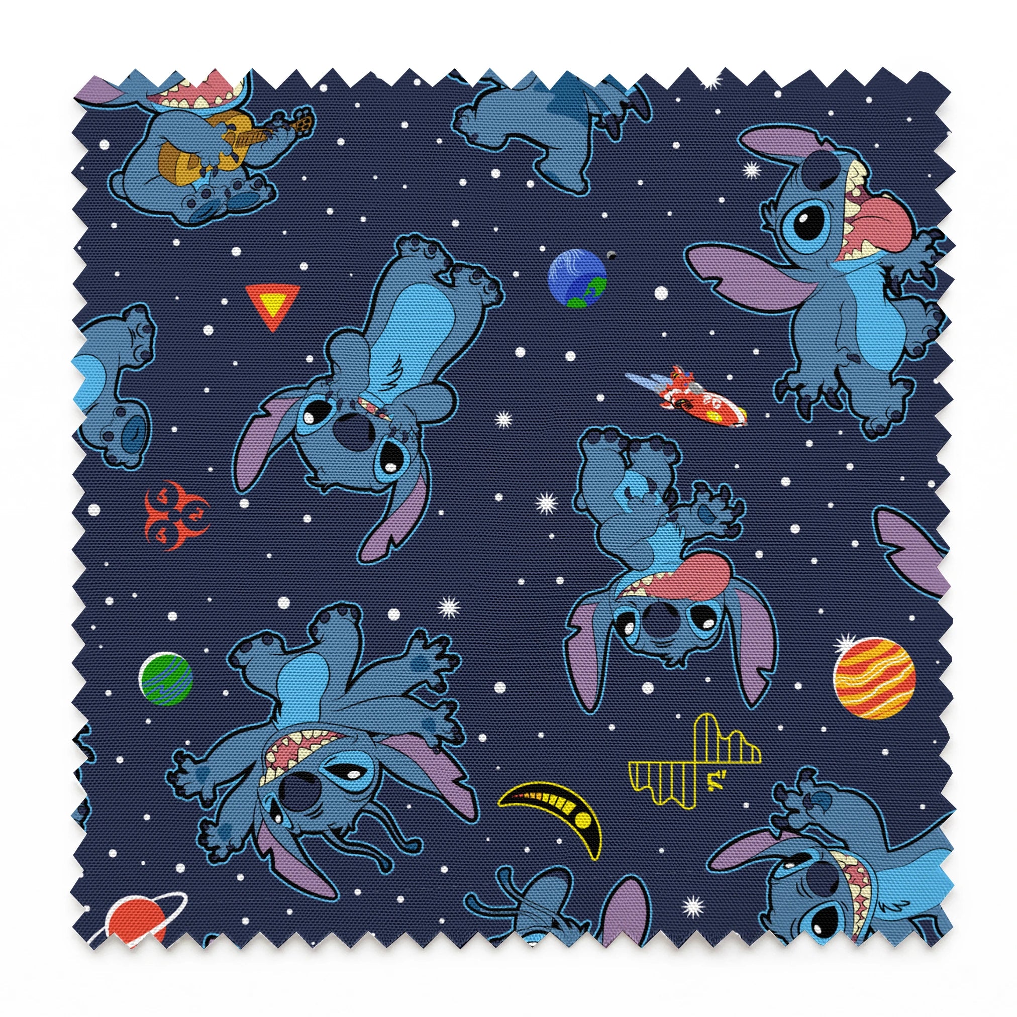 Disney's Stitch floating in space with planets, stars, and spaceships on dark background pattern springs swatch pinked