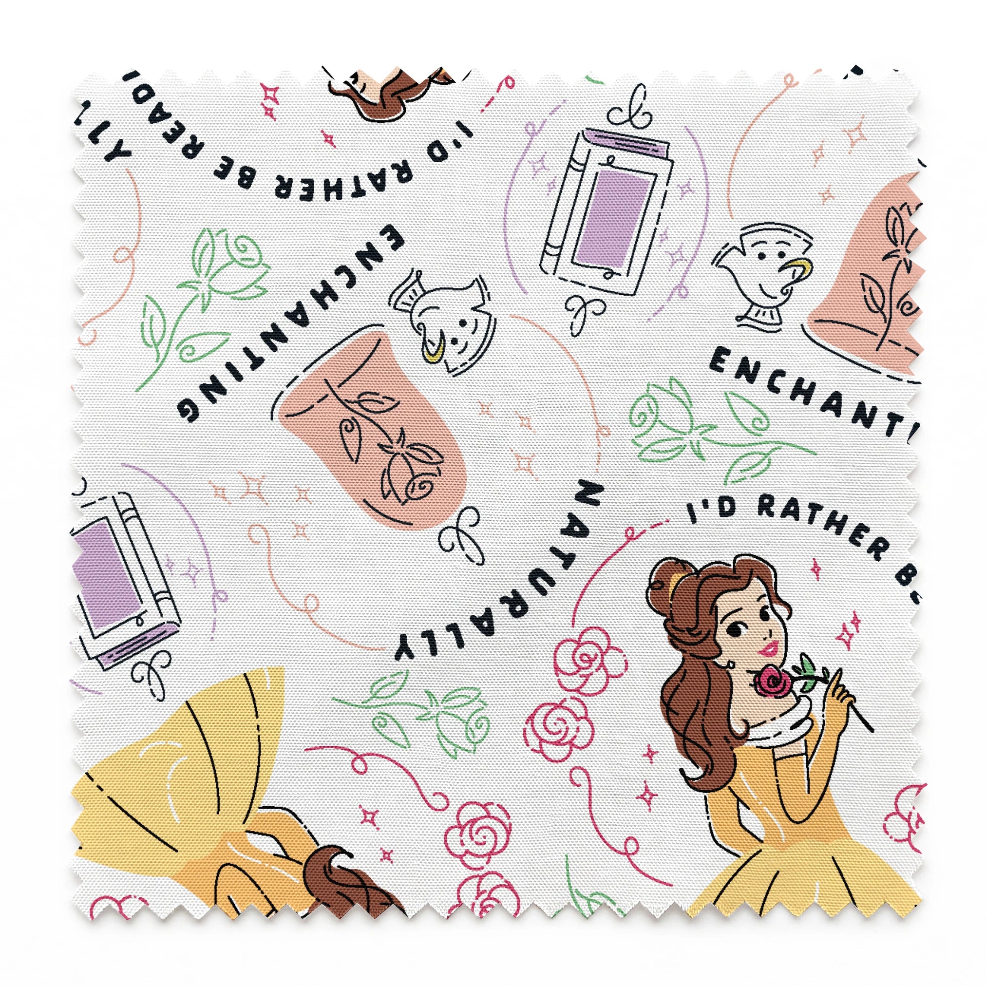 Pattern of cartoon princess in yellow dress with roses, perfume bottles, and phrases like "Enchanting" and "I'd rather be dreaming springs swatch pinked
