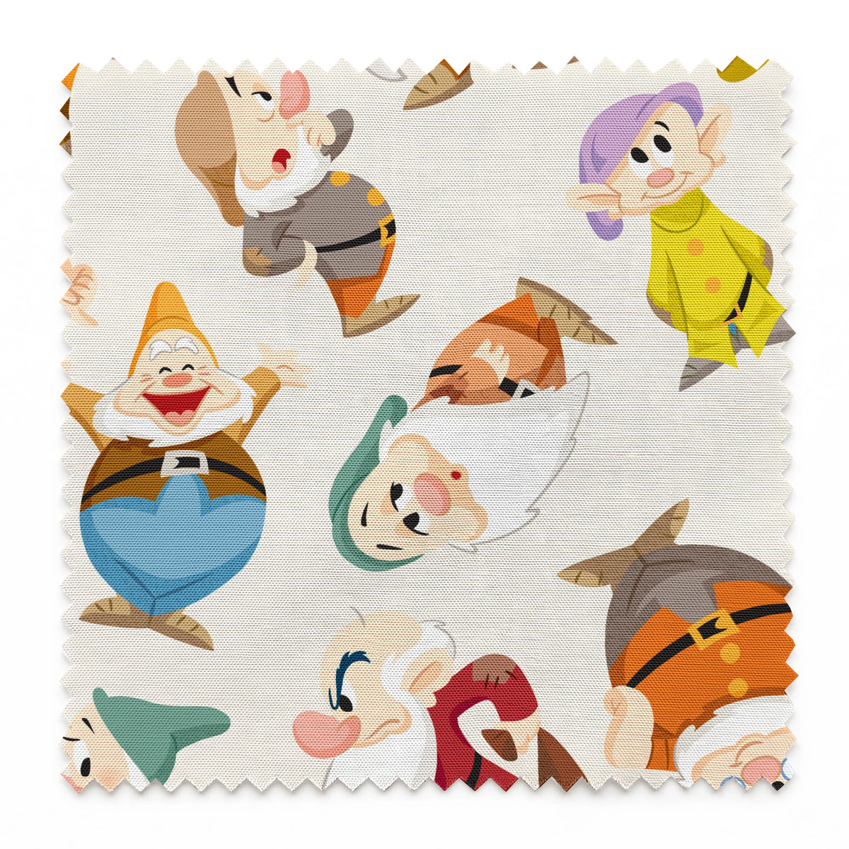 Colorful pattern of small cartoon dwarfs in different colored outfits and hats scattered on cream background springs swatch pinked