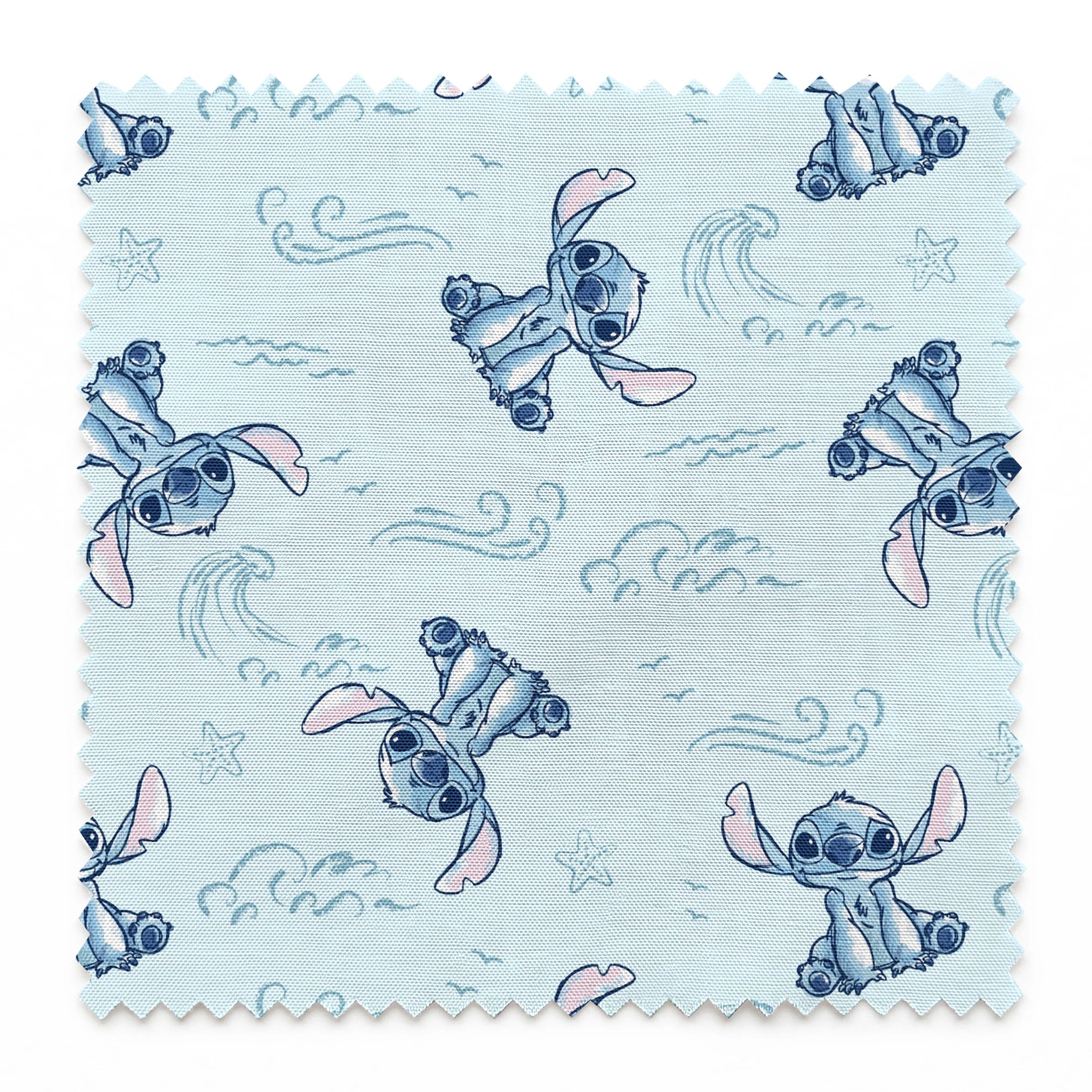 Blue cartoon alien characters with large ears in playful poses against light blue background with swirls and stars pattern springs swatch pinked