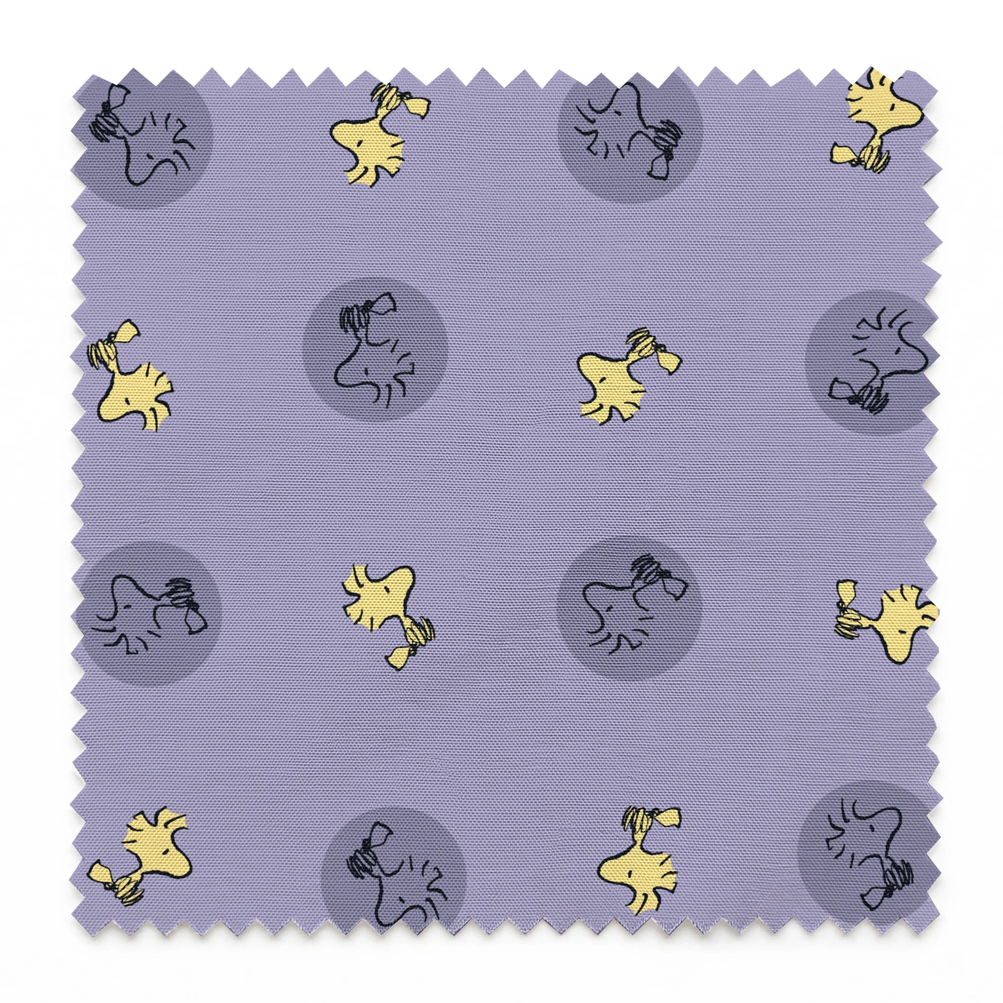 Woodstock alternating with gray circular silhouettes on purple background springs swatch pinked