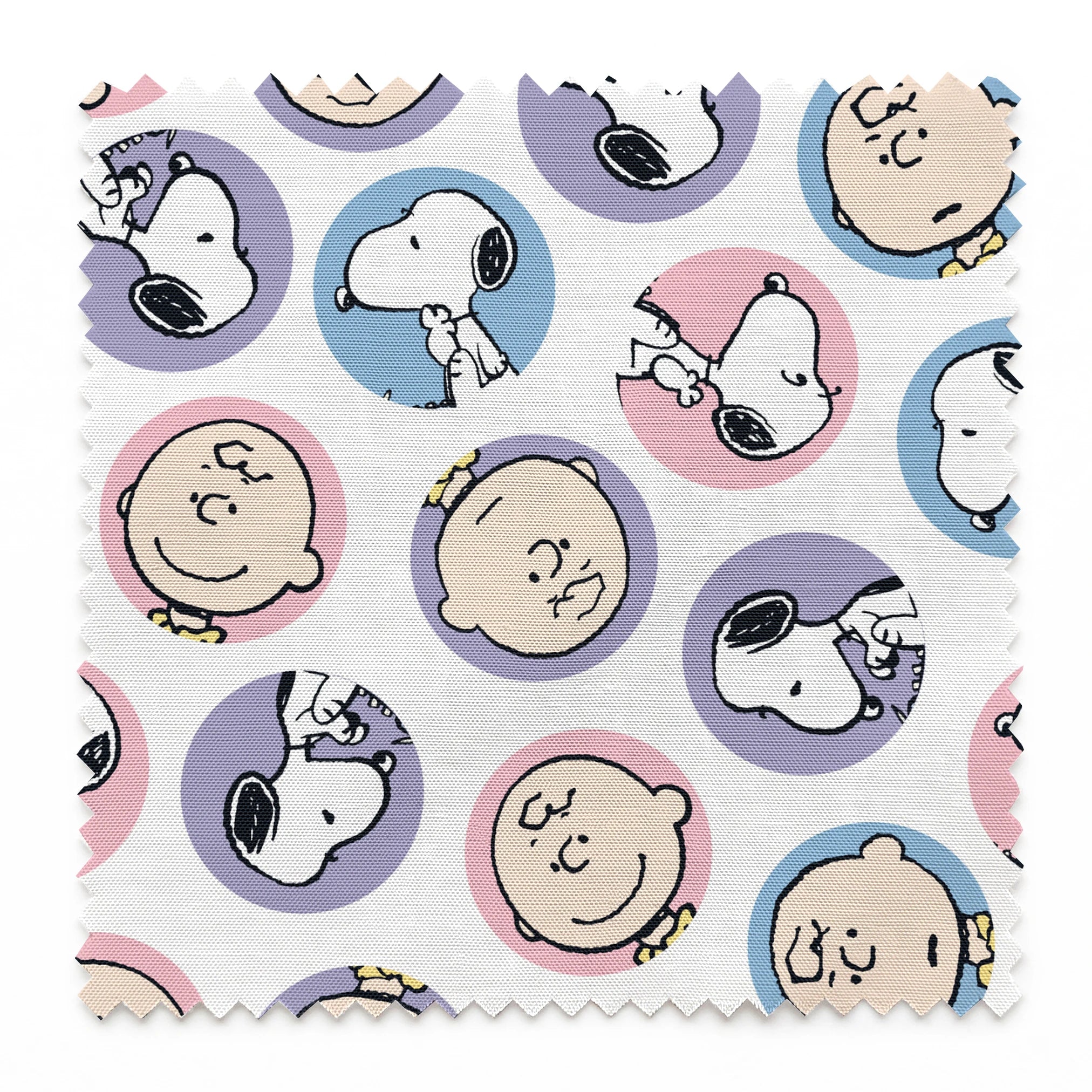 Peanuts cartoon pattern with Charlie Brown and Snoopy circular portraits in pink, blue and purple springs swatch pinked