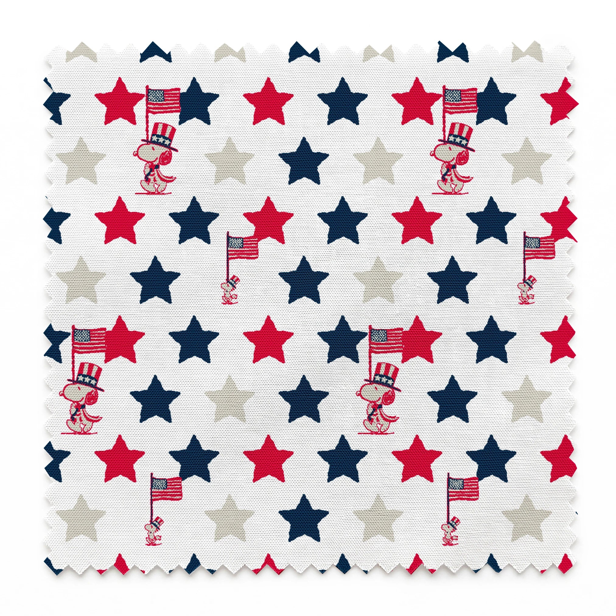 Peanuts Patriotic pattern with red, white, and blue stars alongside American flag poles on white background springs swatch pinked