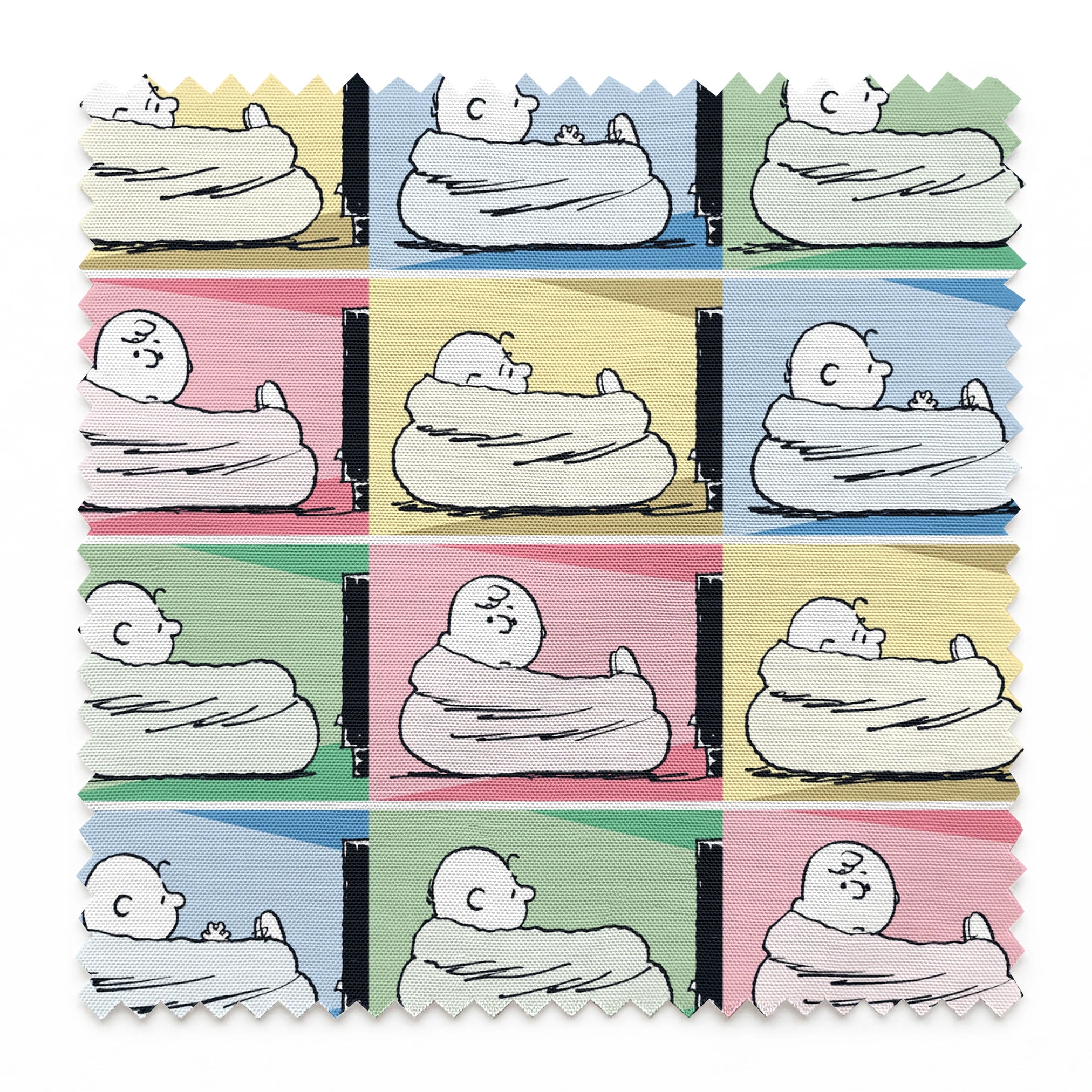 Charlie Brown resting on a white bed/nest in a grid of 12 colorful panels with pastel backgrounds. springs swatch pinked