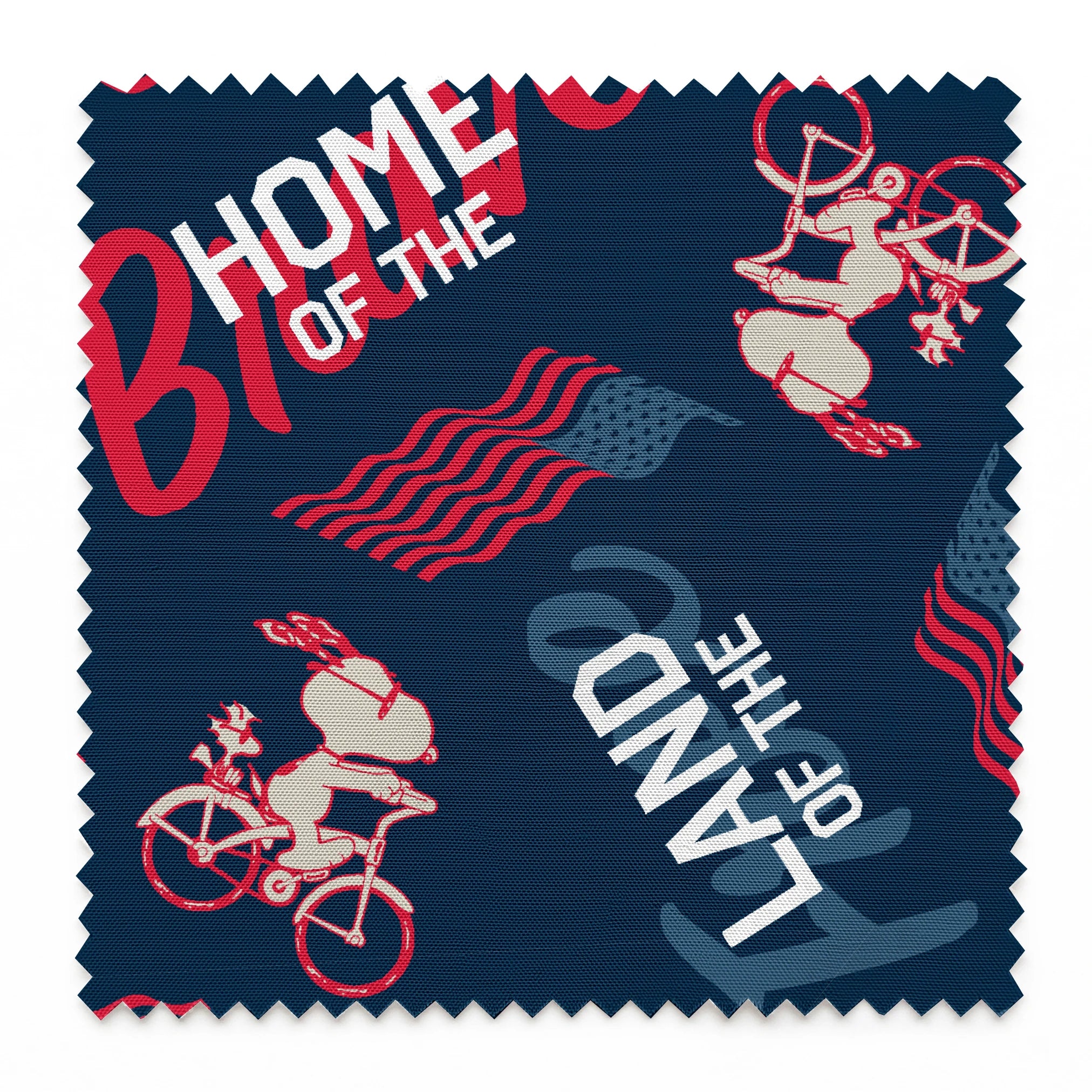 Repeating Peanuts "Home of the Brave" text pattern with bicycles on navy blue background with red wavy lines springs swatch pinked