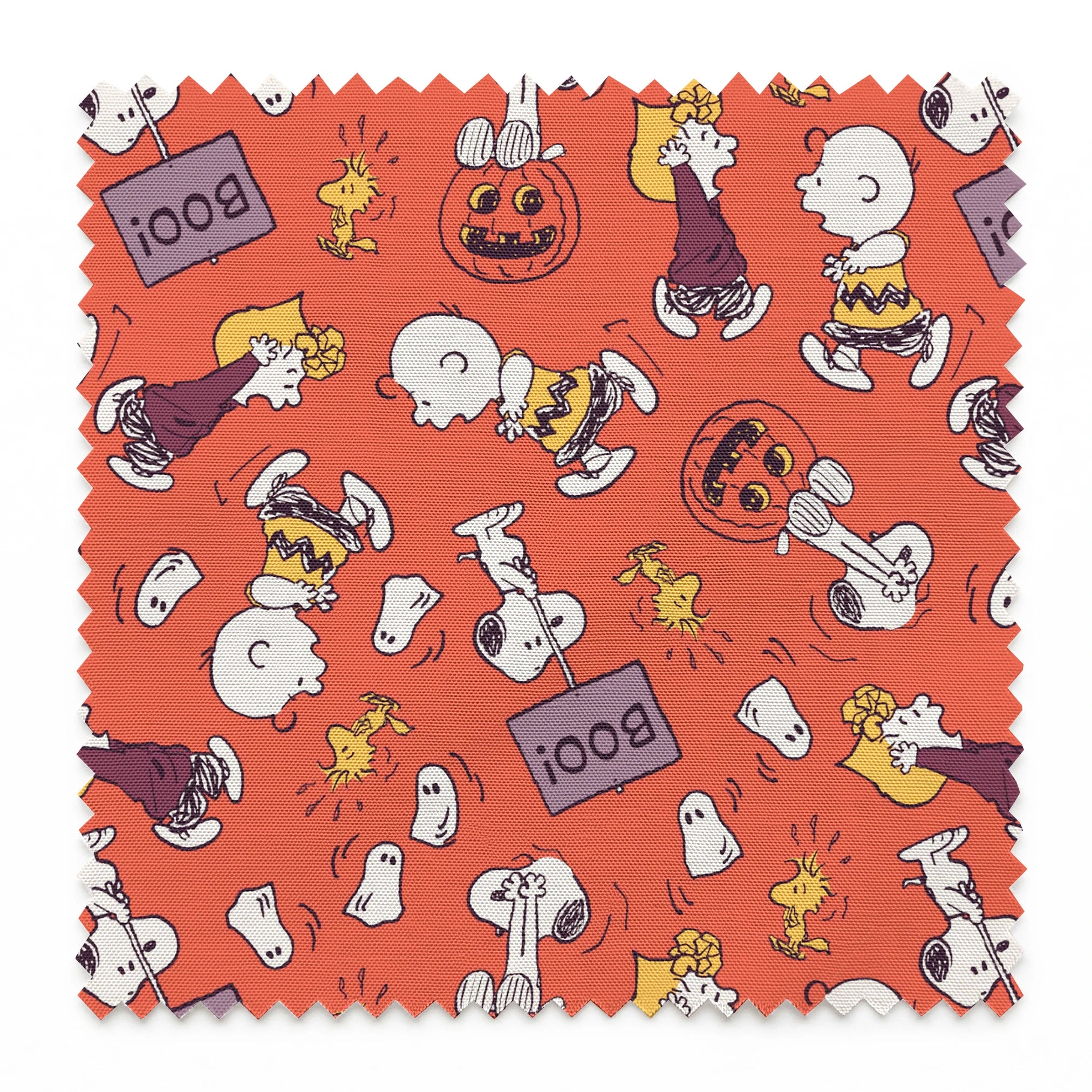 Snoopy and Woodstock Halloween pattern on orange background with pumpkins, ghosts, and "boo" text springs swatch pinked