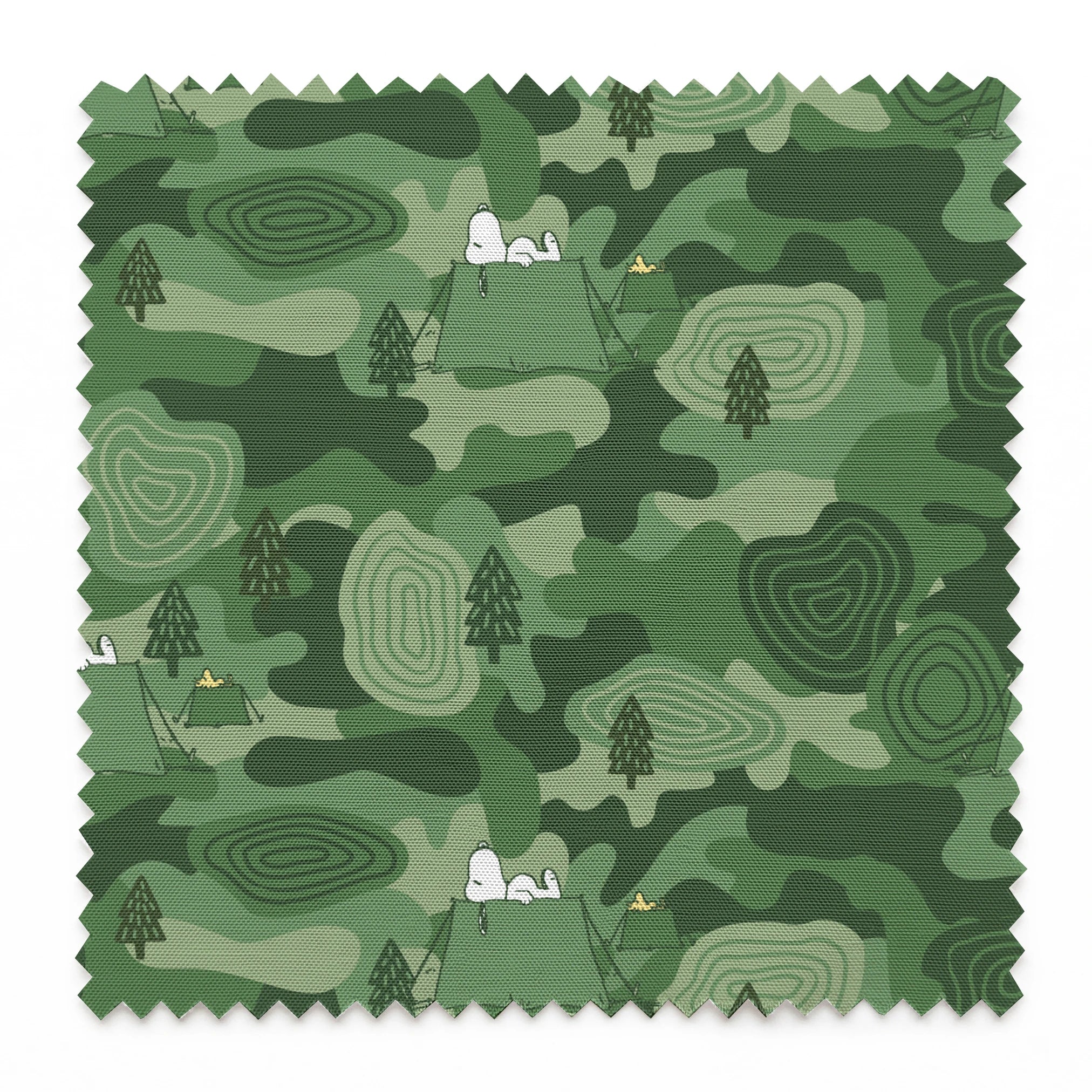 Snoopy camping scene with tents and trees on a green camouflage pattern background springs swatch pinked