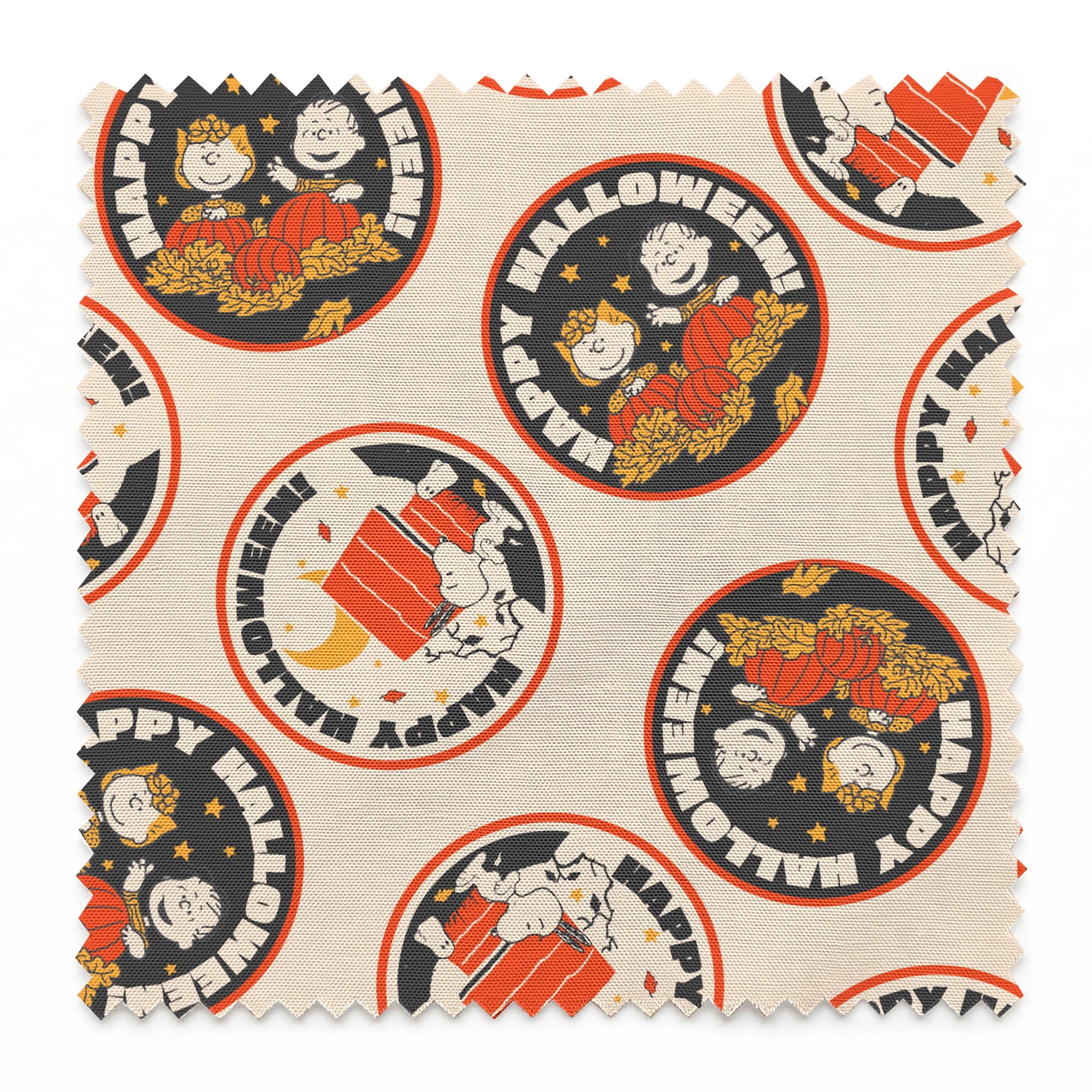 Peanuts Halloween pattern with circular badges featuring characters and "Happy Halloween" text on beige background springs swatch pinked