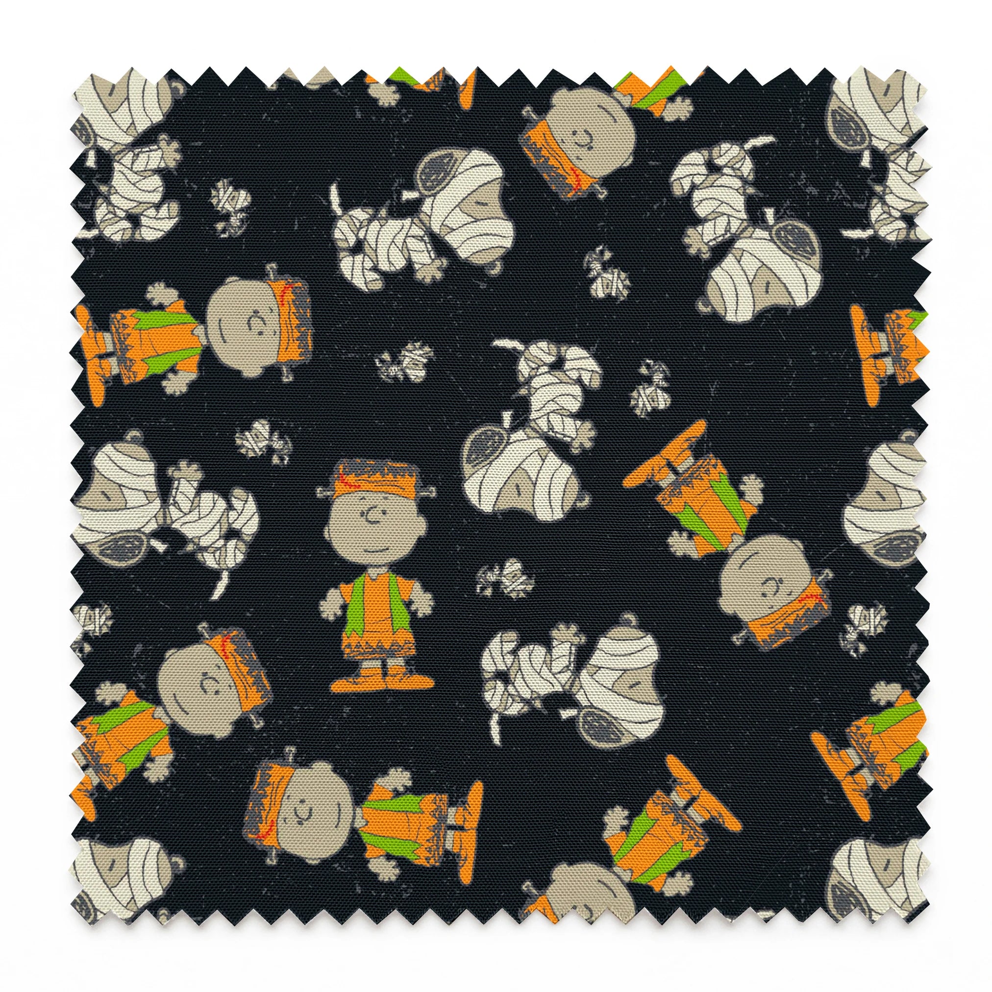 Peanuts characters pattern on black background featuring Snoopy and Charlie Brown in fall outfits springs swatch pinked