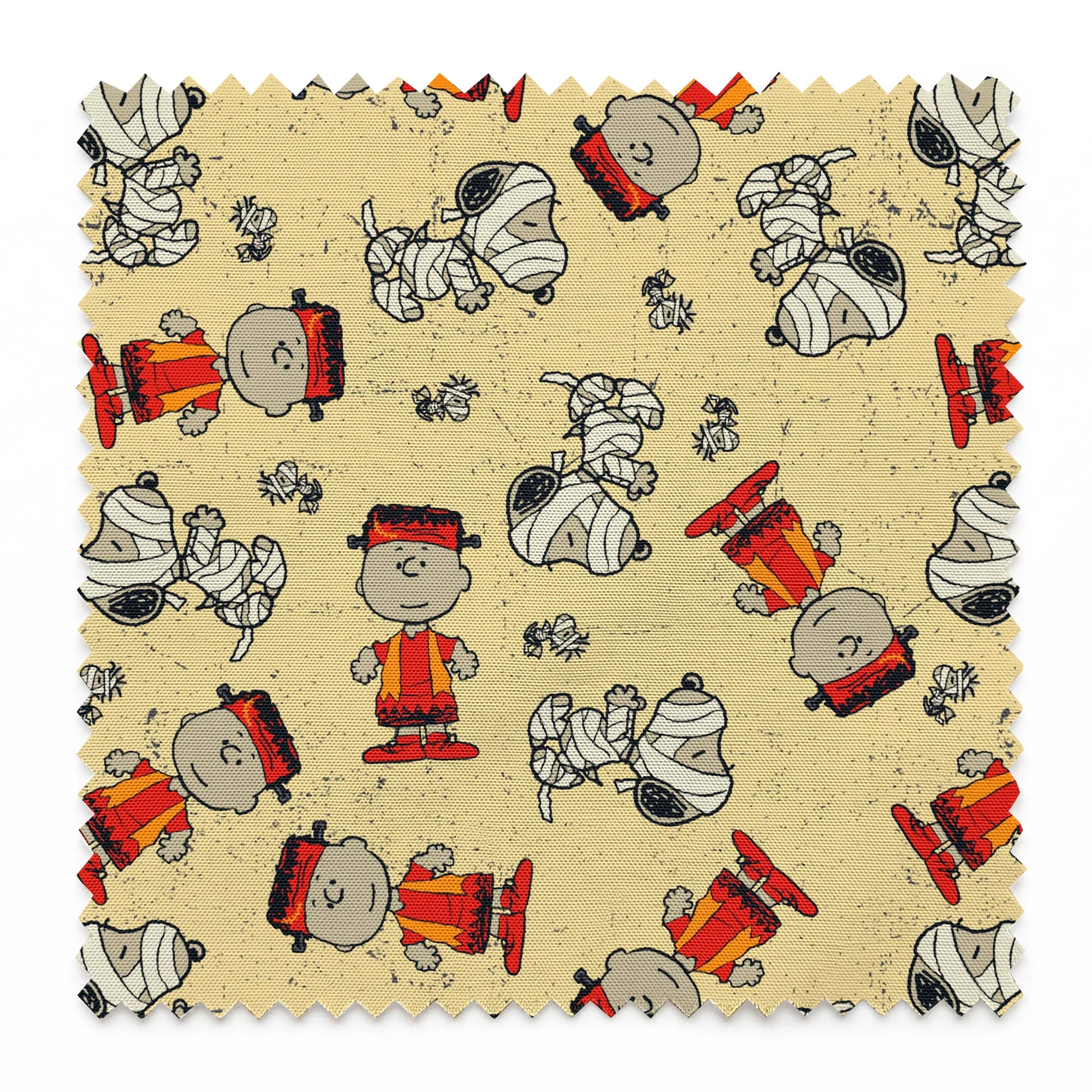 Peanuts characters pattern with Charlie Brown and Snoopy in halloween attire on beige background springs swatch pinked