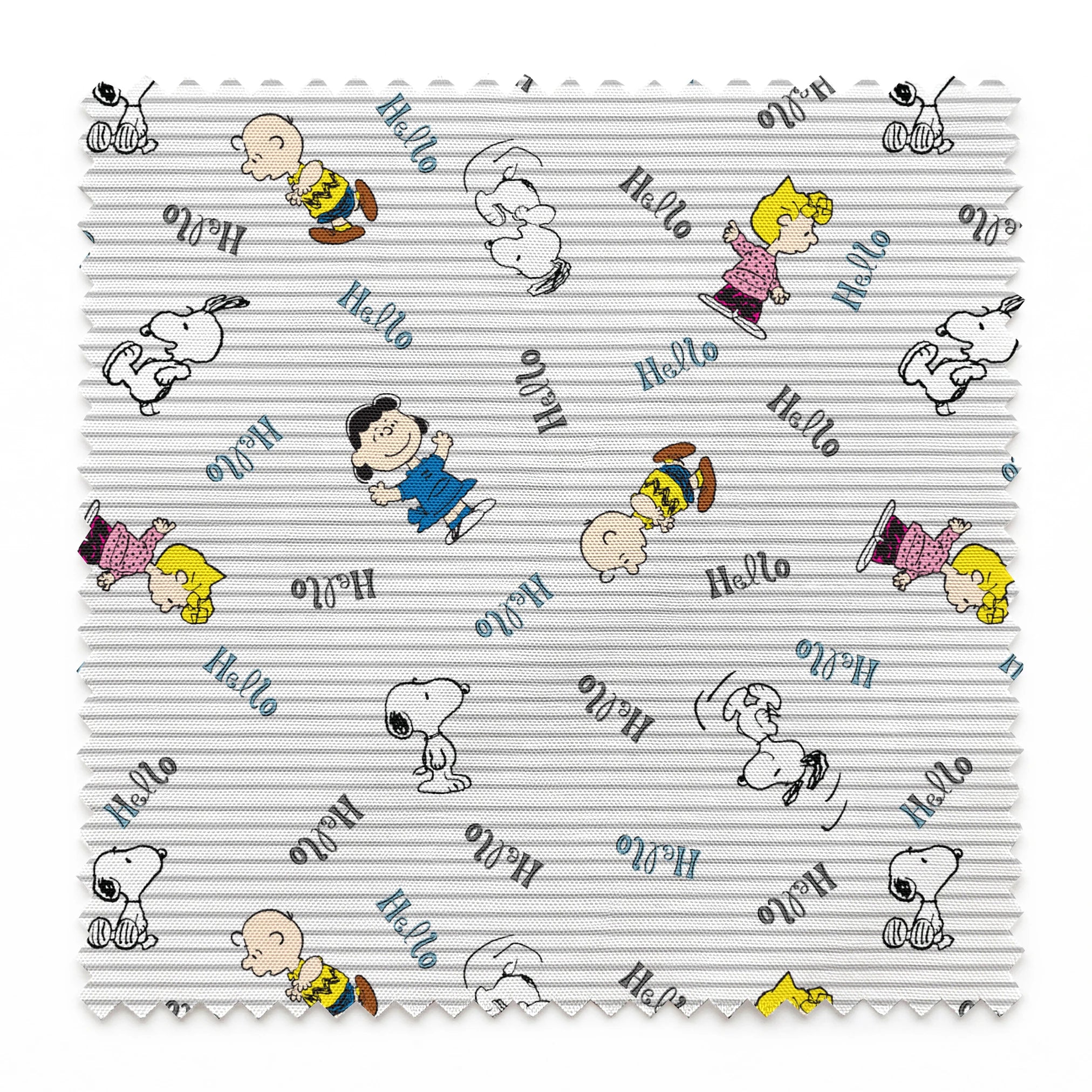 Peanuts cartoon characters scattered on striped background with "hello" text, featuring Snoopy, Charlie Brown, and friends springs swatch pinked