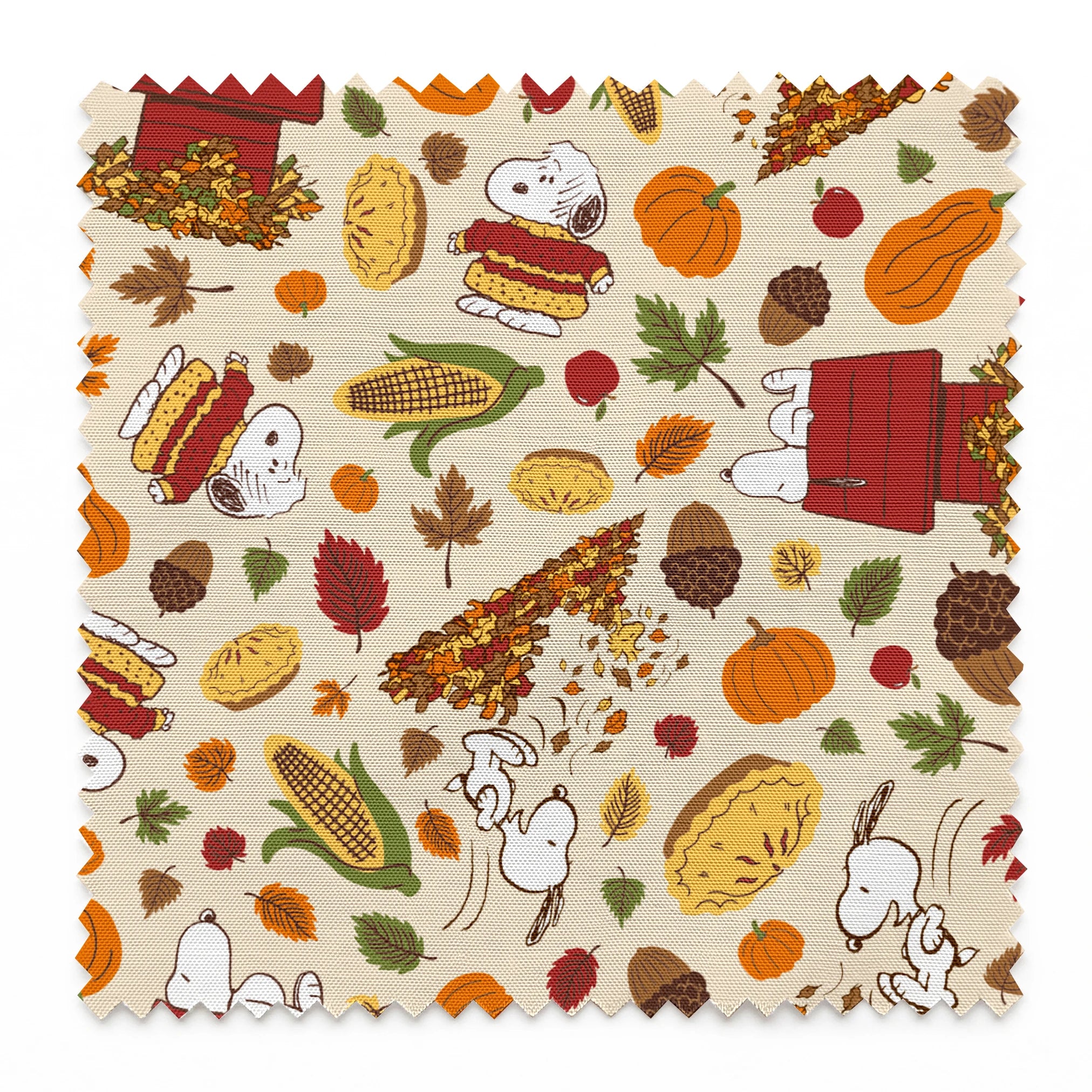 Fall themed pattern with Snoopy, red doghouses, pumpkins, corn, sandwiches, and autumn leaves on cream background springs swatch pinked