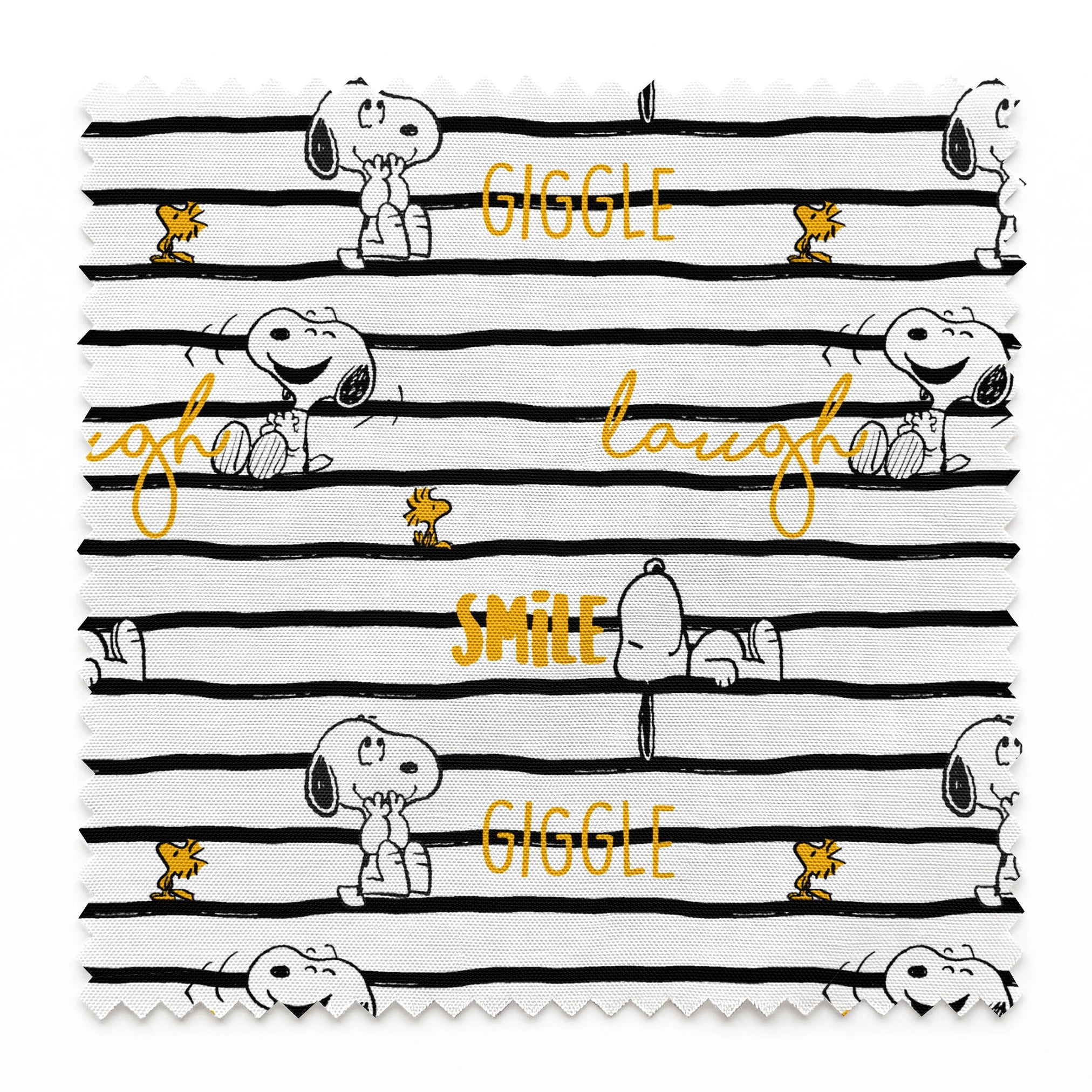 Black and white striped pattern with Snoopy and Woodstock, yellow text saying "giggle," "laugh," "smile springs swatch pinked