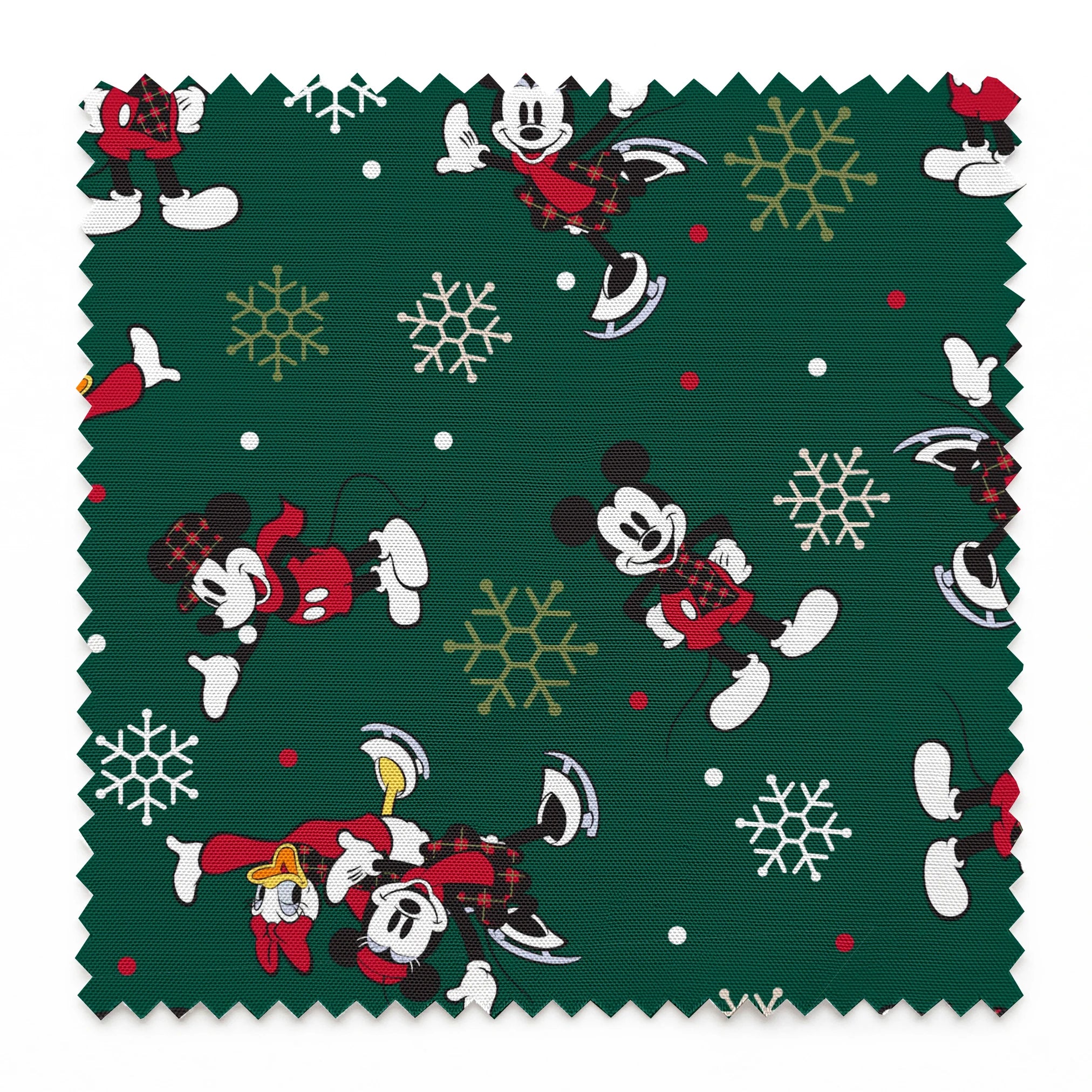 Mickey Mouse Christmas pattern with cartoon characters in winter outfits on green background with snowflakes springs swatch pinked