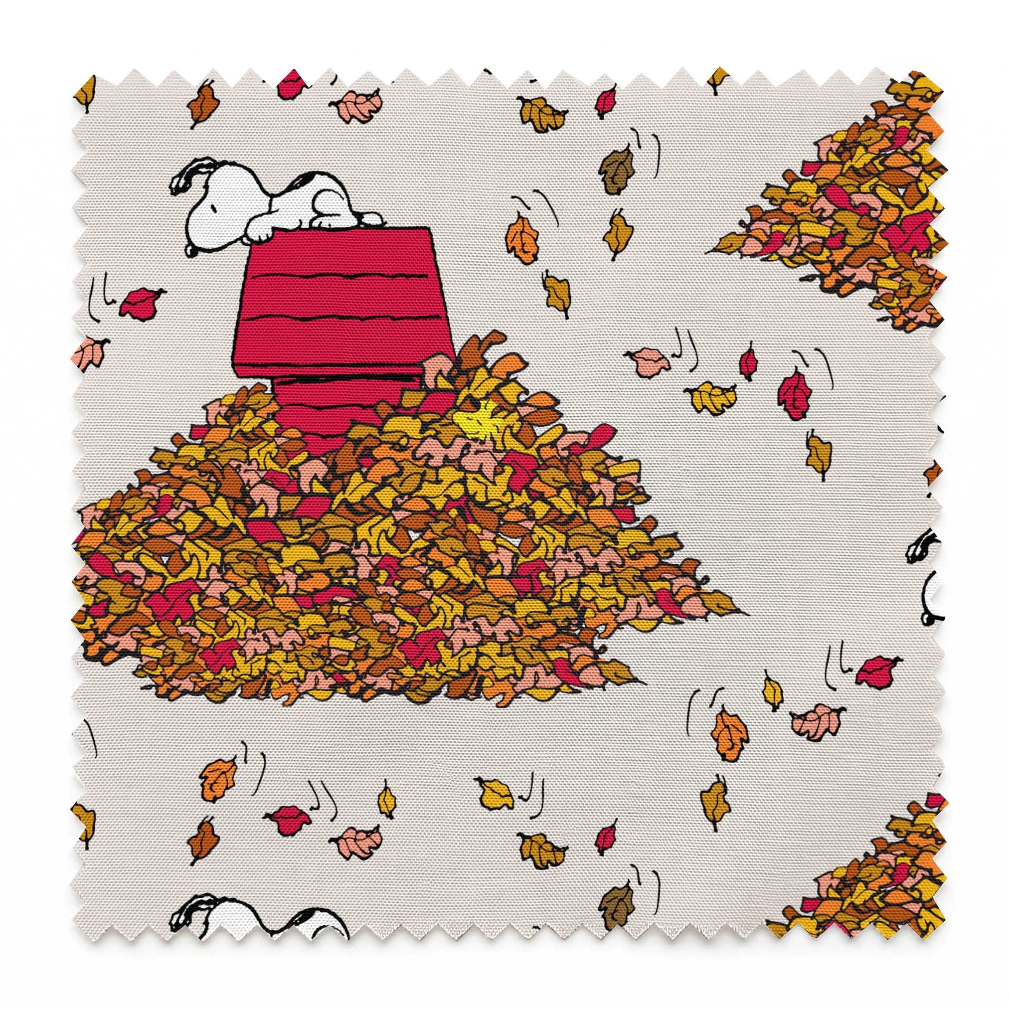 Snoopy and red doghouse on colorful autumn leaf piles with falling leaves pattern on beige background springs swatch pinked