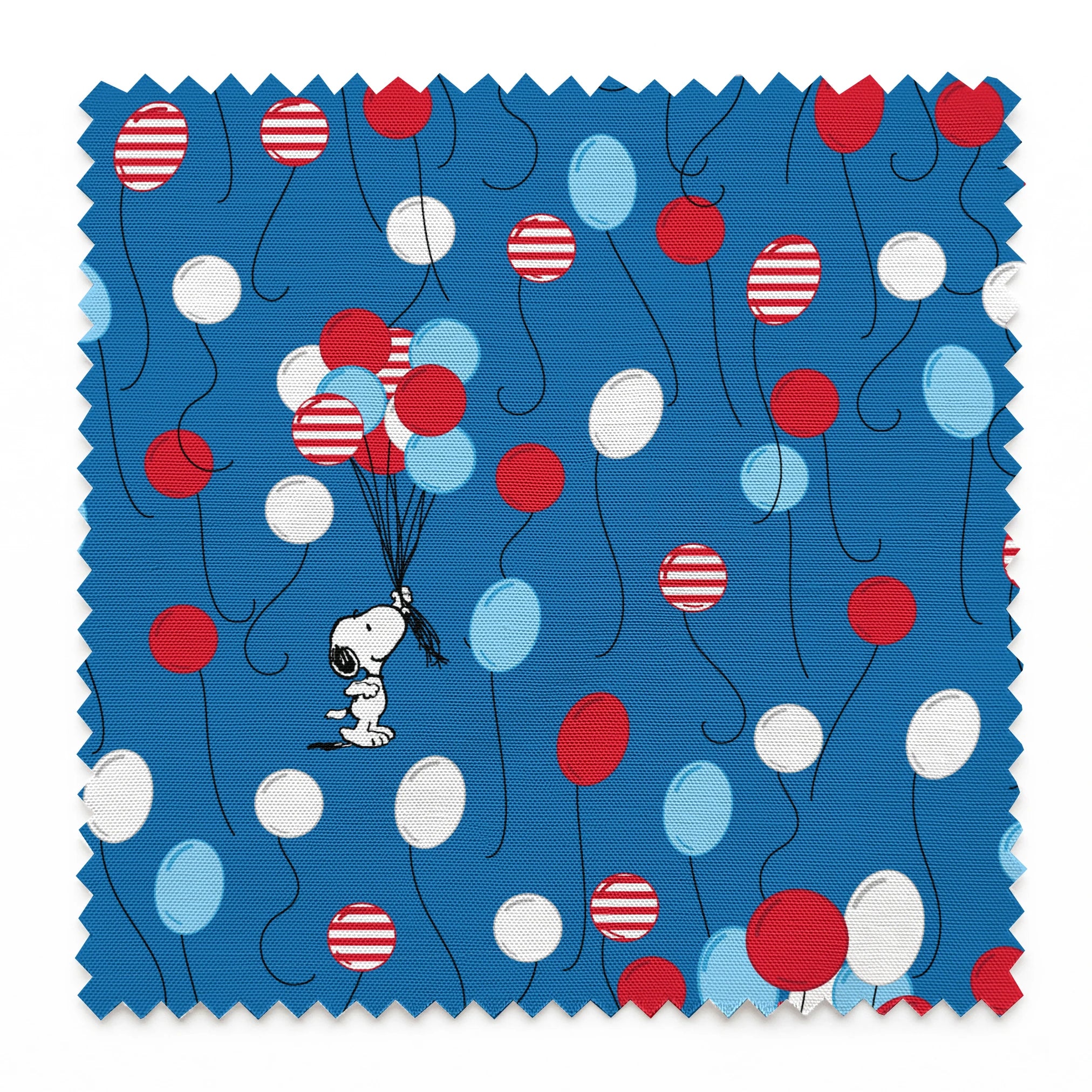 Snoopy patriotic blue pattern with red, white, and blue balloons and stars in American flag style springs swatch pinked