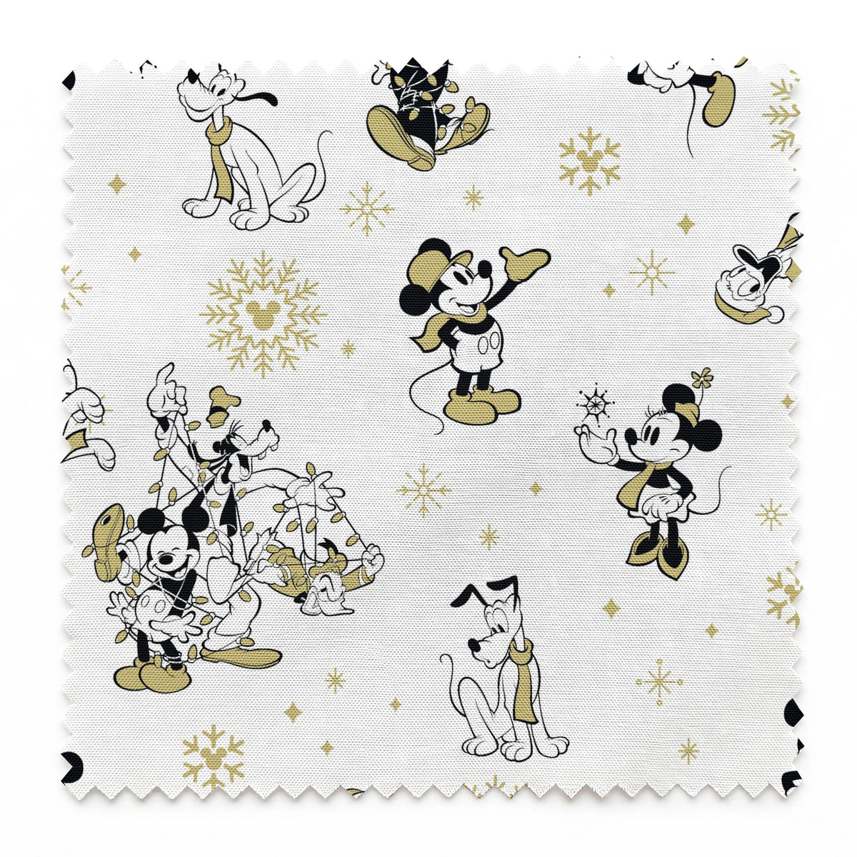 Vintage Disney characters pattern with Mickey, Minnie and Pluto on white background with gold snowflakes springs swatch pinked
