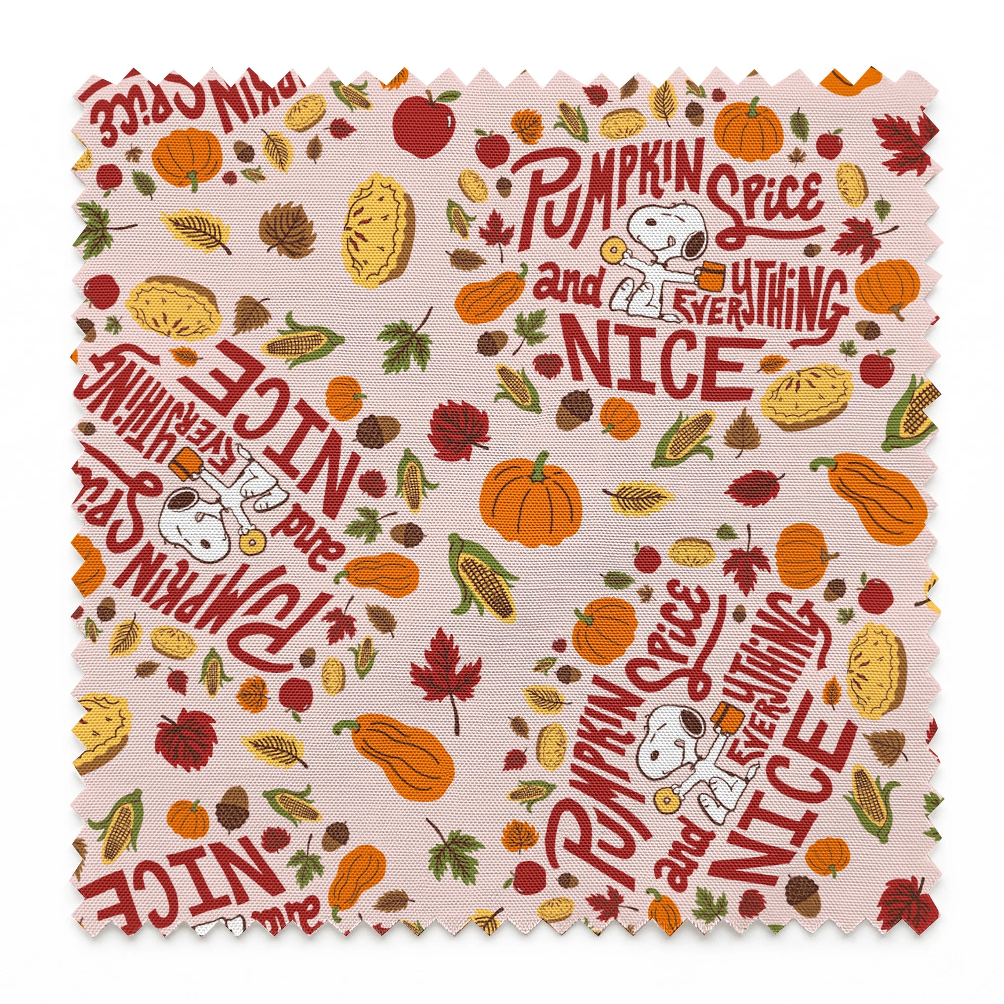 Fall Peanuts pattern with pumpkin spice phrases, autumn leaves, pumpkins, pine cones and Snoopy characters on a beige background springs swatch pinked