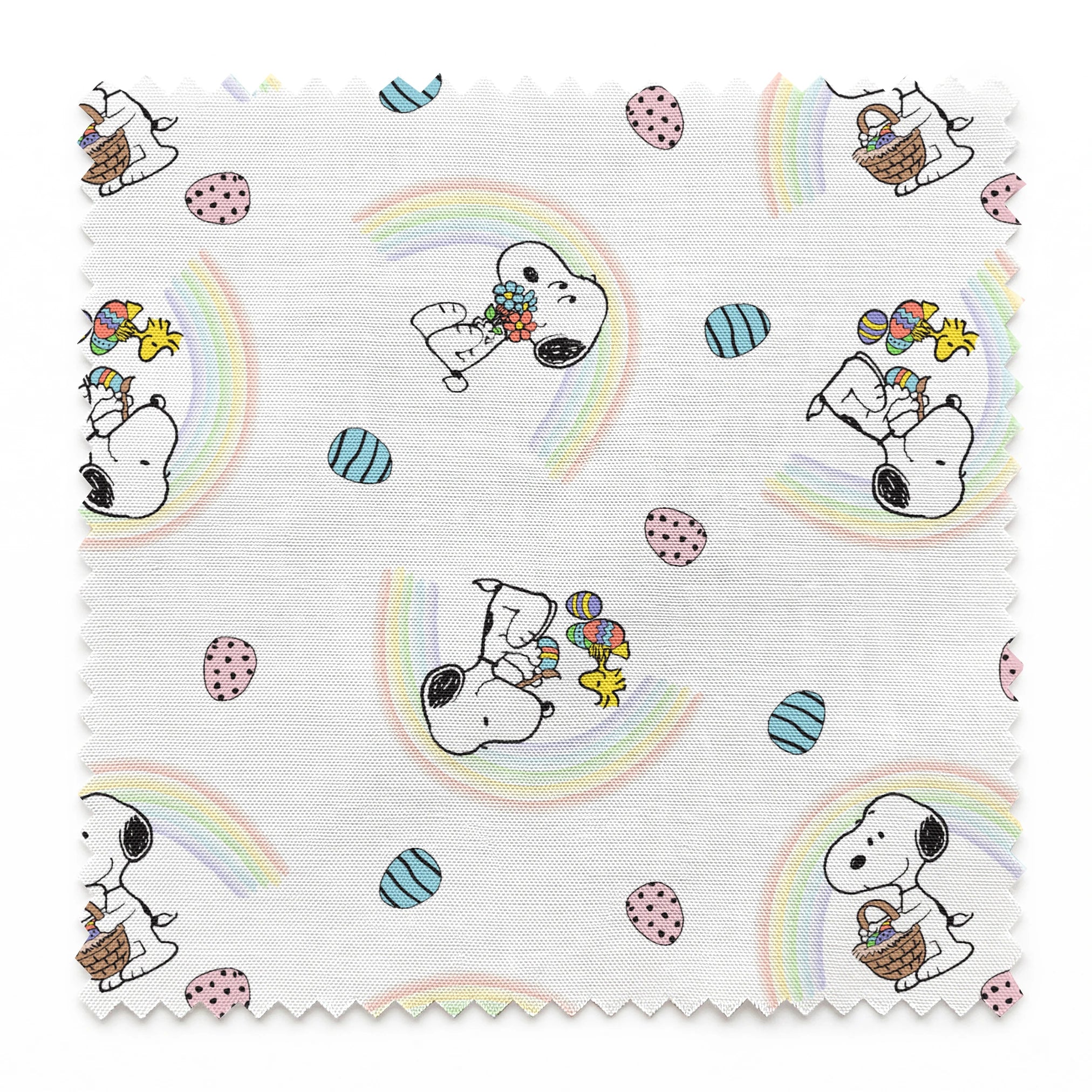 Snoopy pattern with Easter eggs, rainbows, and Woodstock, featuring Snoopy holding flowers and baskets springs swatch pinked