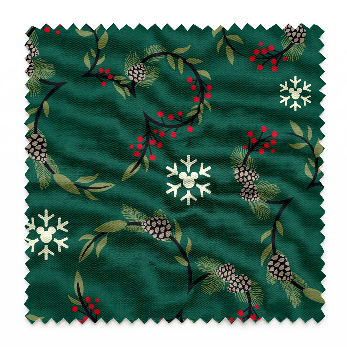Holiday pattern with green wreaths, pinecones, red berries and white snowflakes on dark green background springs swatch pinked
