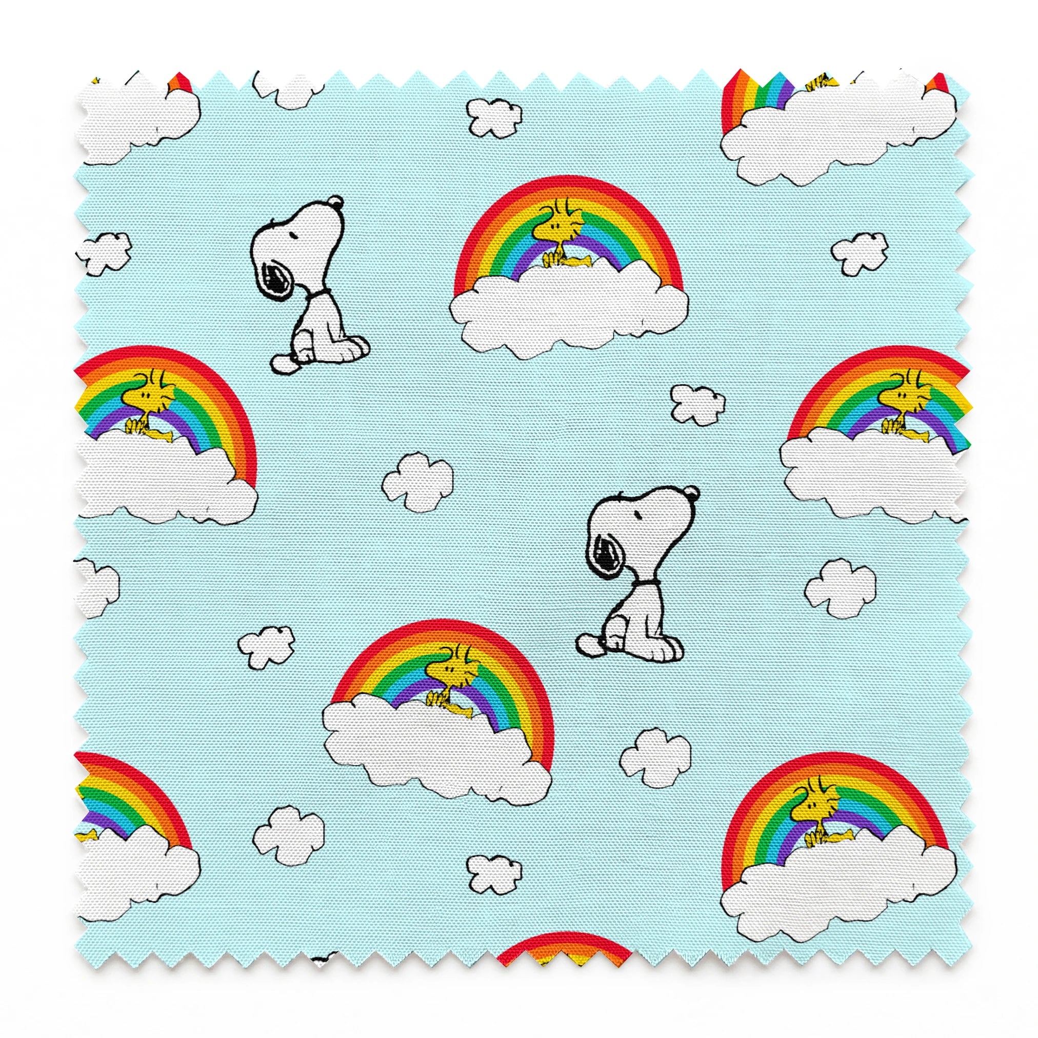Snoopy and Woodstock characters on light blue background with rainbows, clouds and white fluffy clouds springs swatch pinked