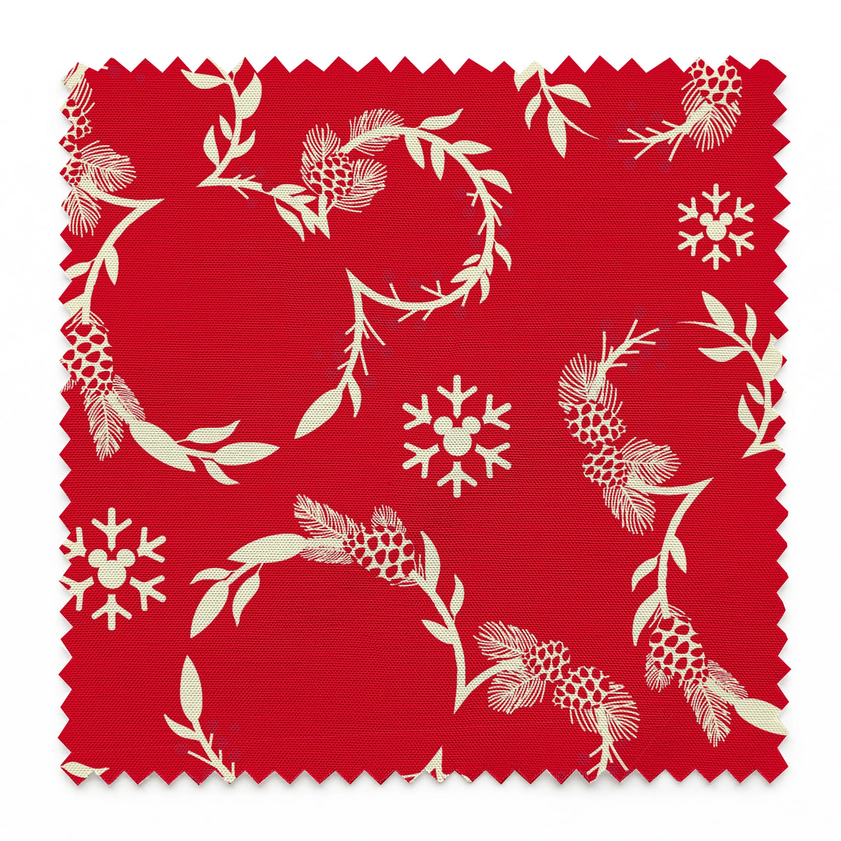 Festive red background with white floral wreaths, pine cones, and snowflake patterns springs swatch pinked