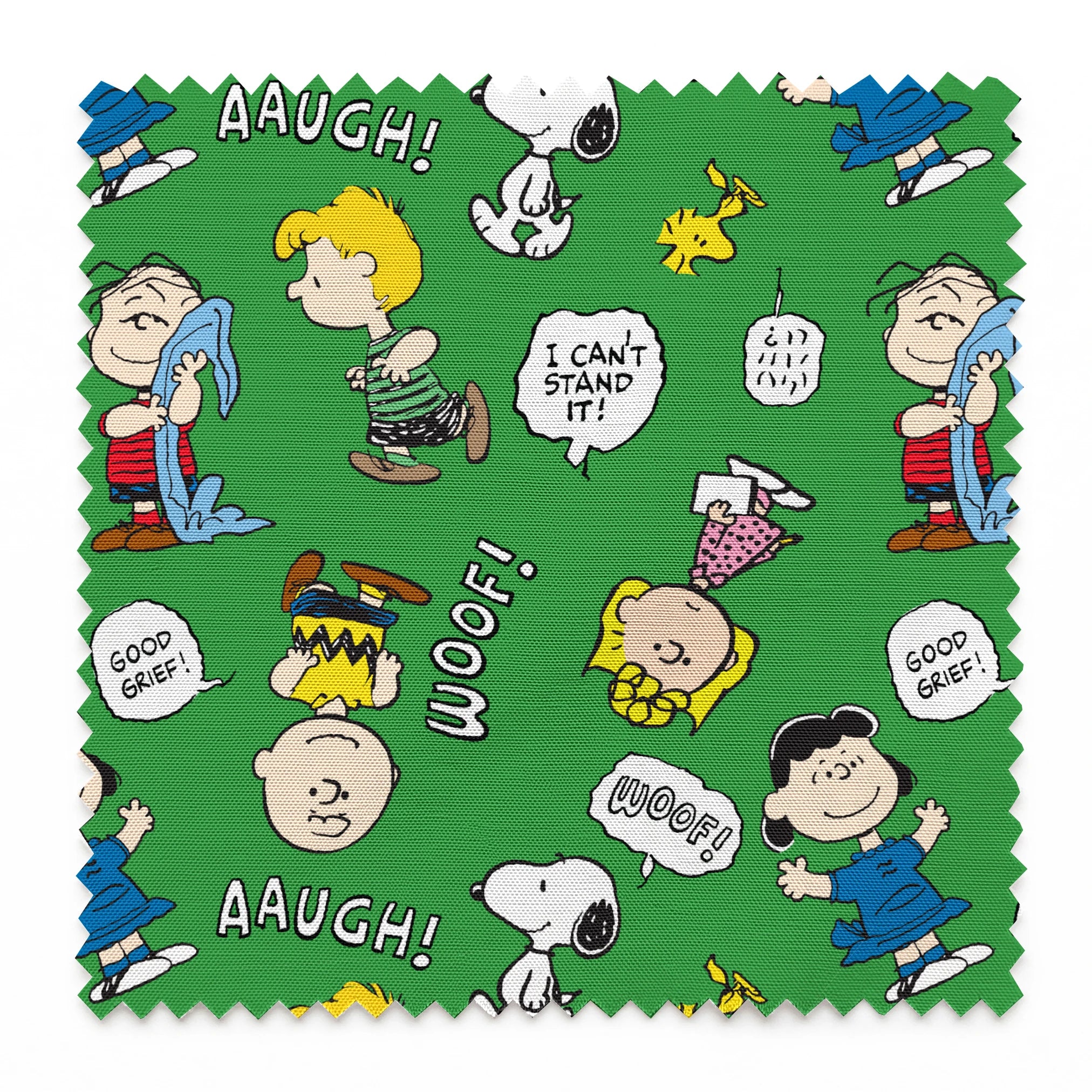 Peanuts comic characters on green background - Snoopy, Woodstock, and gang with speech bubbles like "AAUGH!" and "I CAN'T STAND IT! springs swatch pinked