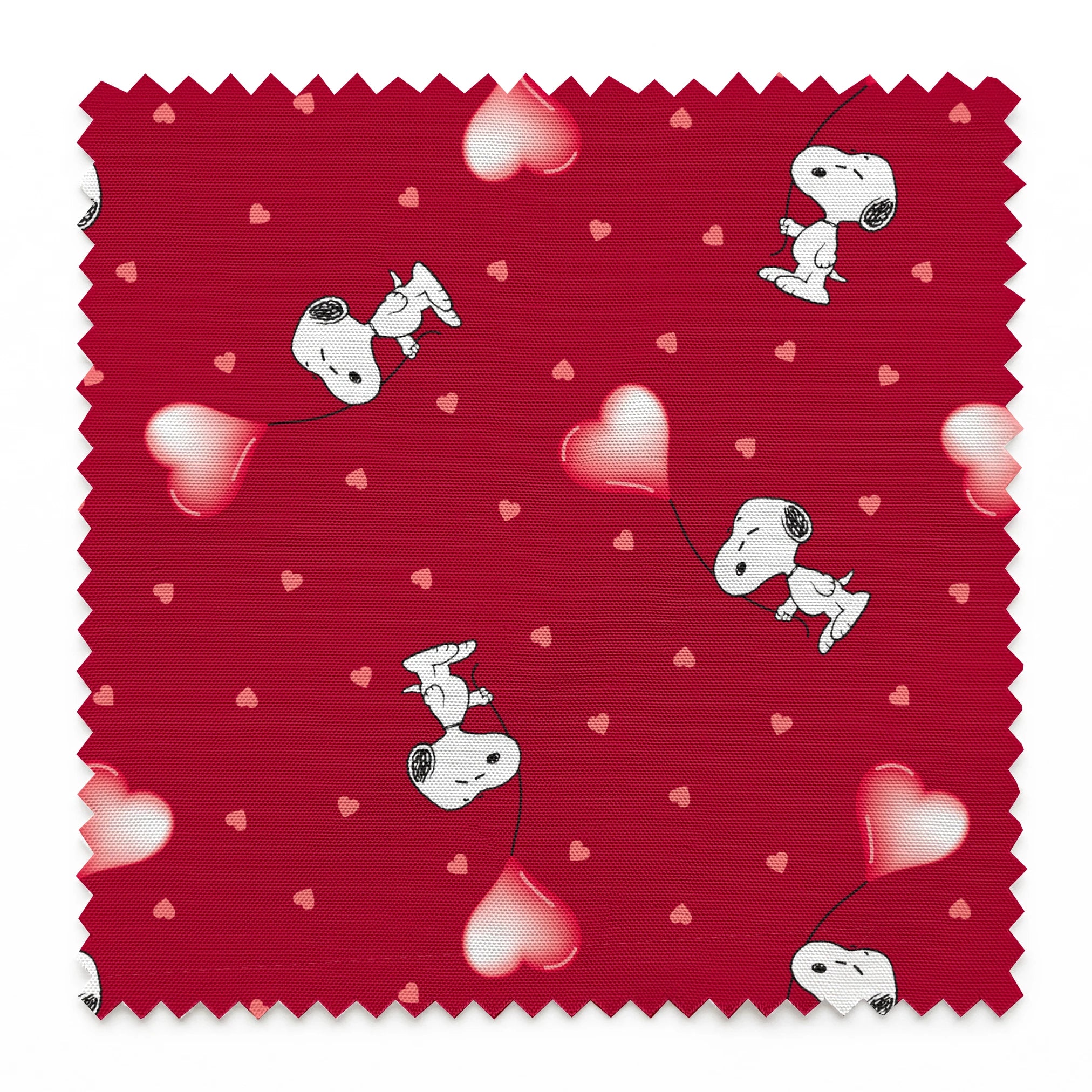 Snoopy scattered on red background with pink and white hearts pattern springs swatch pinked