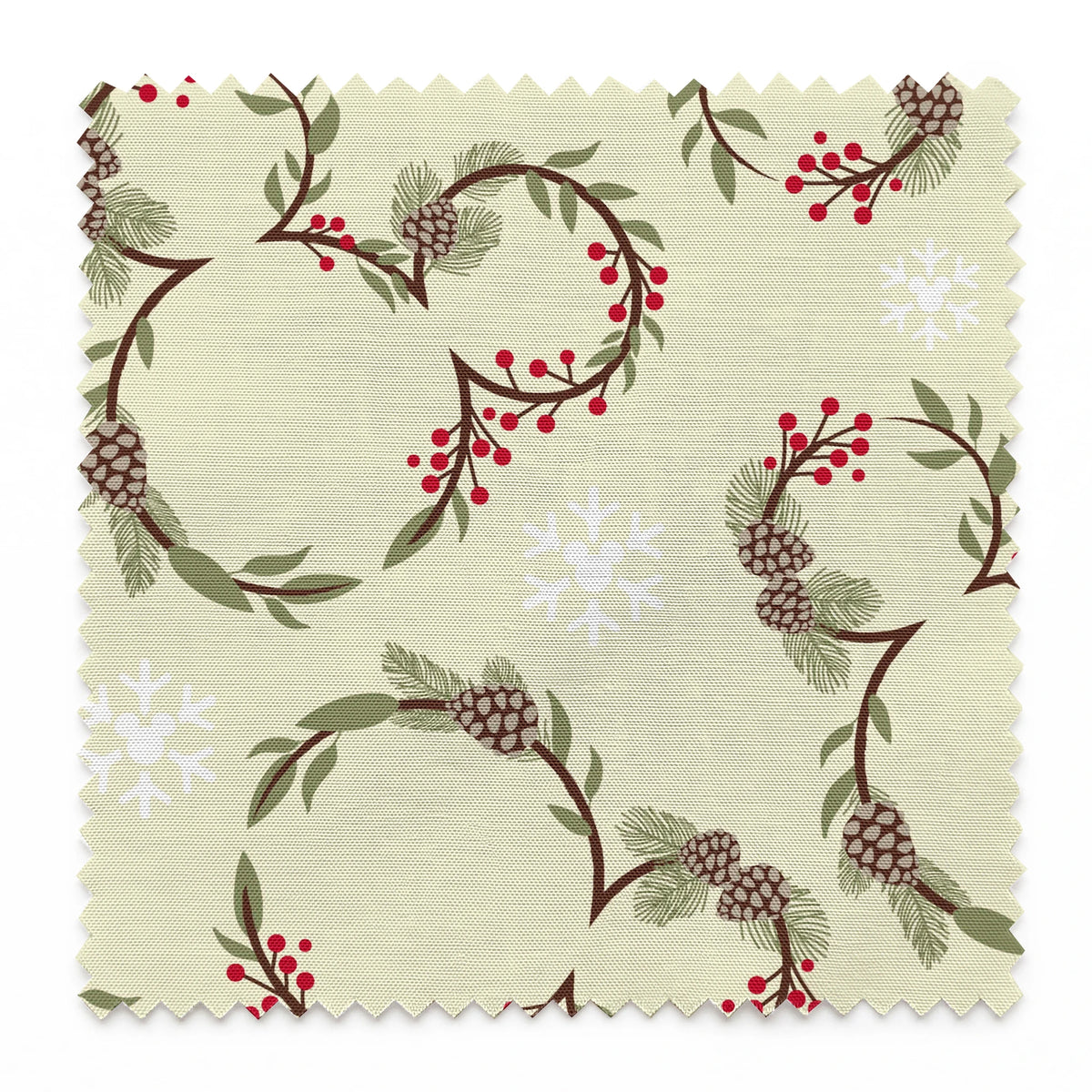Holiday pattern with pine wreaths, red berries, and white snowflakes on light green background springs swatch pinked