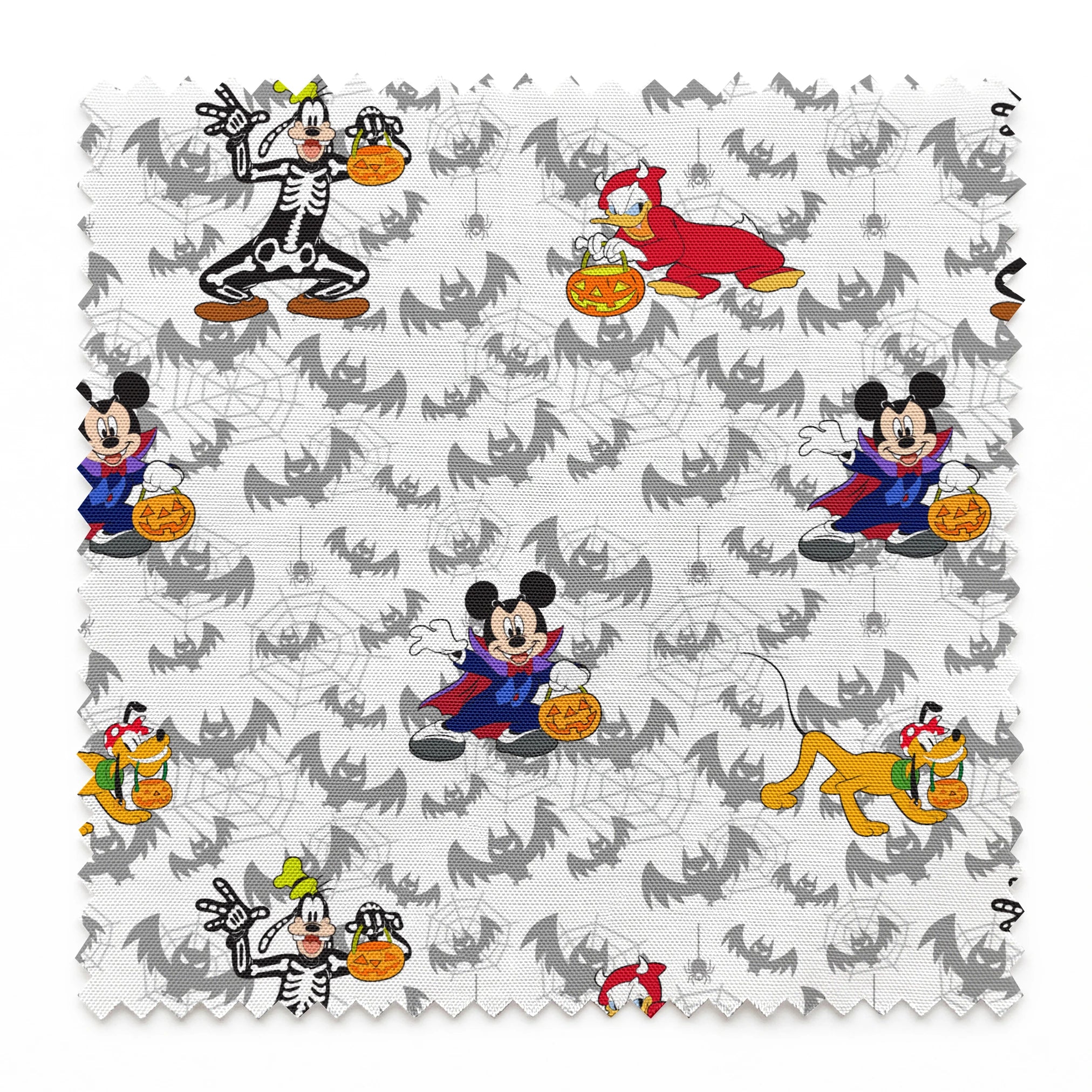 Disney cartoon characters in Halloween costumes with pumpkins on bat pattern background springs swatch pinked