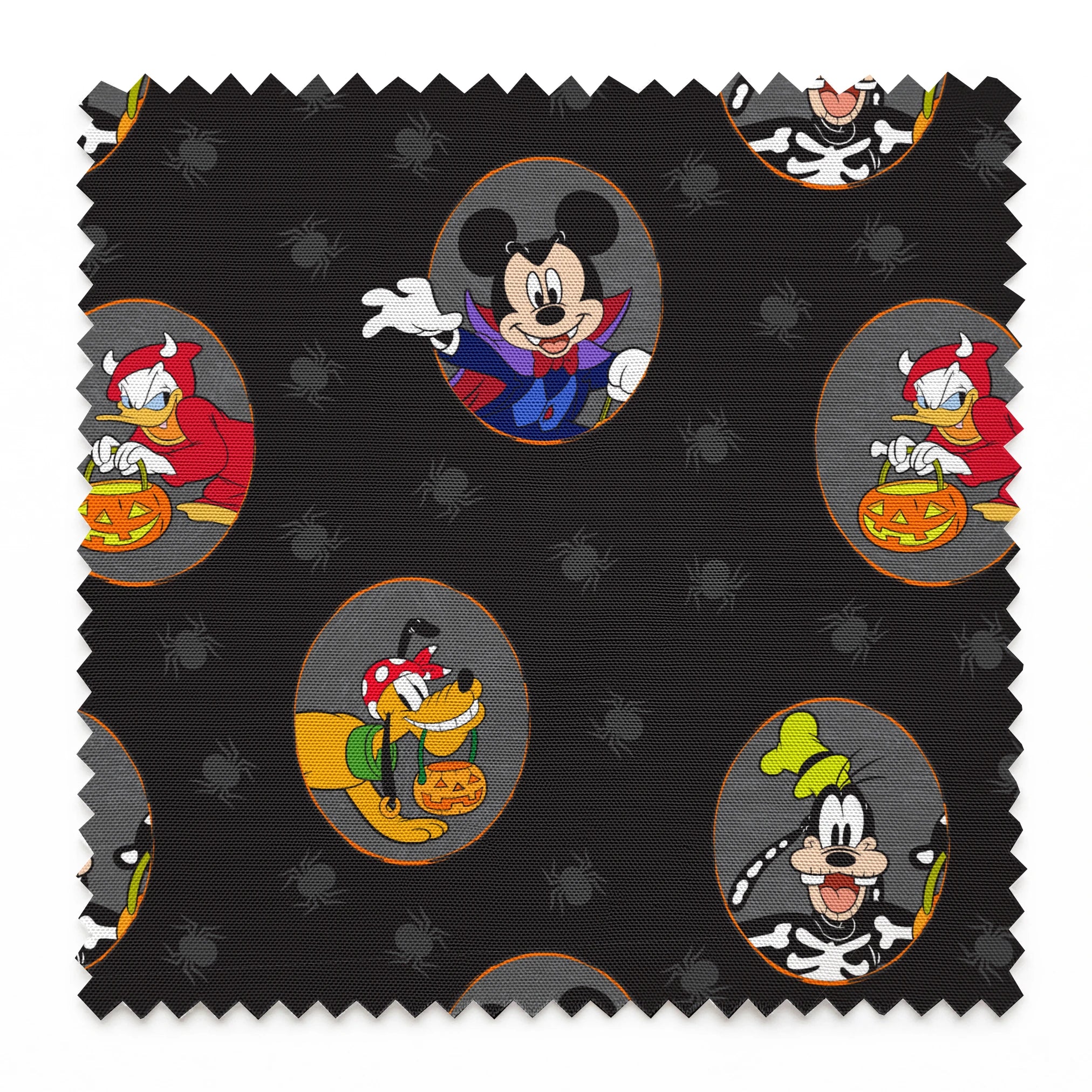 Disney characters in Halloween costumes on black background with spider pattern. Mickey as vampire, Donald with pumpkin, Pluto with candy. springs swatch pinked