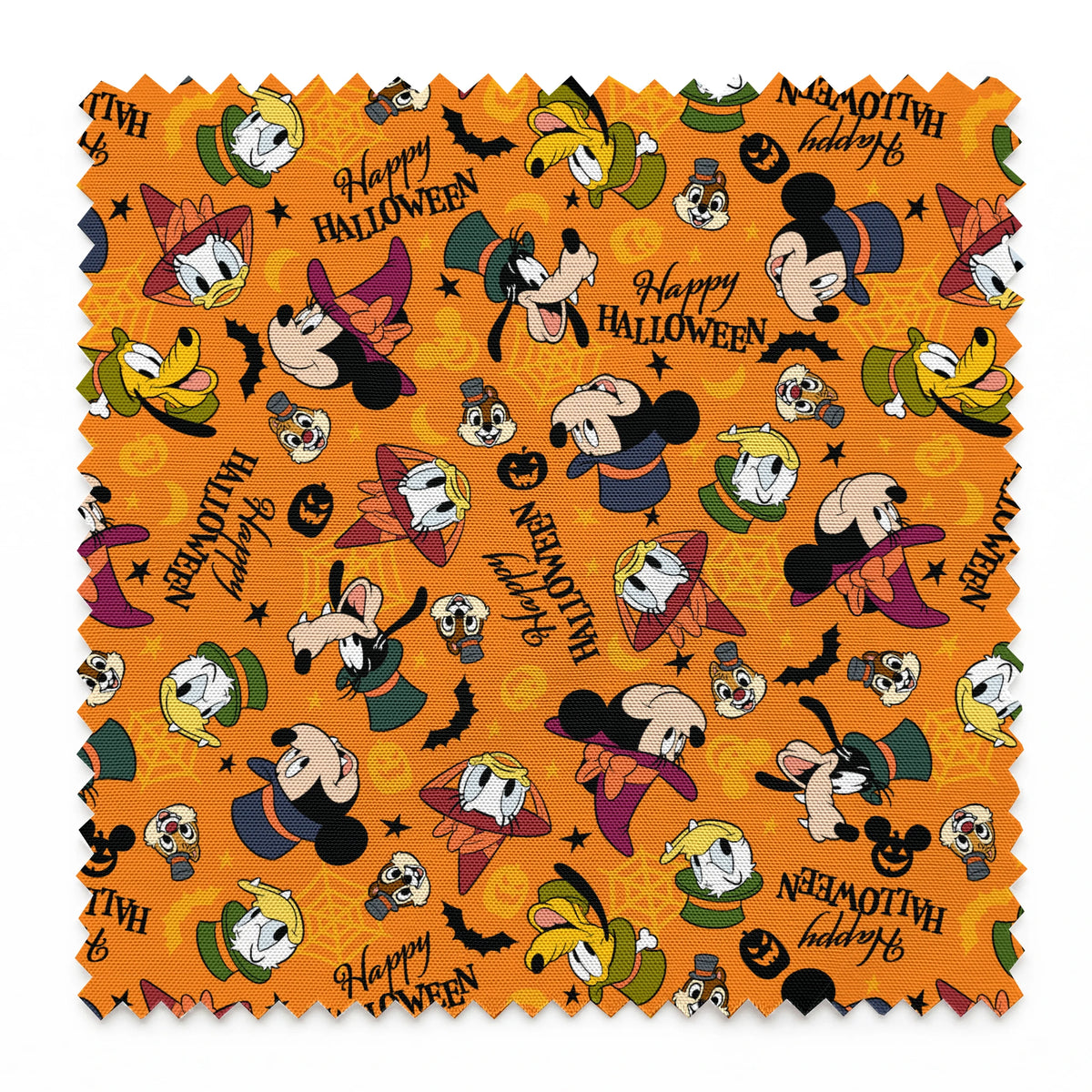 Disney characters in Halloween costumes on orange background with pumpkins and "Happy Halloween" text springs swatch pinked