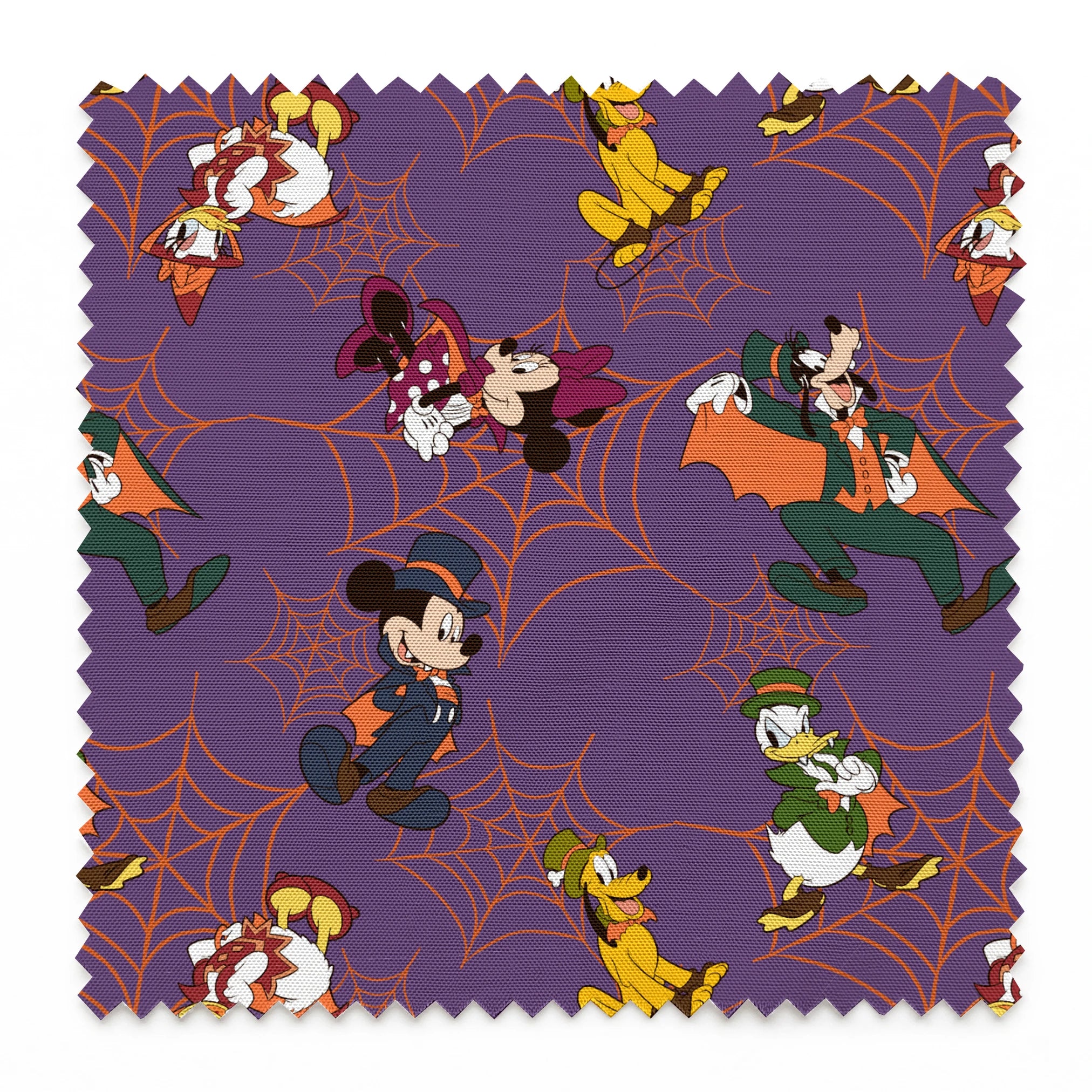 Disney cartoon characters in Halloween costumes on purple background with orange spider webs springs swatch pinked