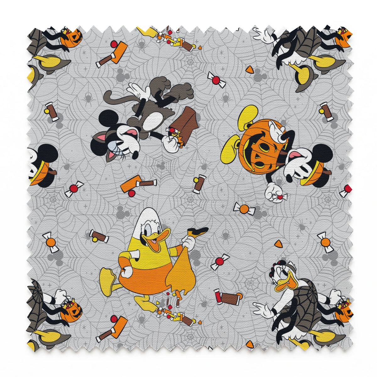 Disney characters on gray spider web pattern with candy corn scattered throughout, Halloween themed design. springs swatch pinked