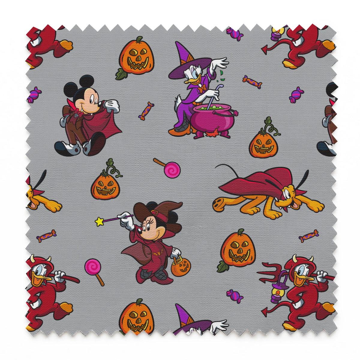 Halloween-themed cartoon pattern with Mickey Mouse characters in costumes, pumpkins, candy, and cauldrons on gray background springs swatch pinked