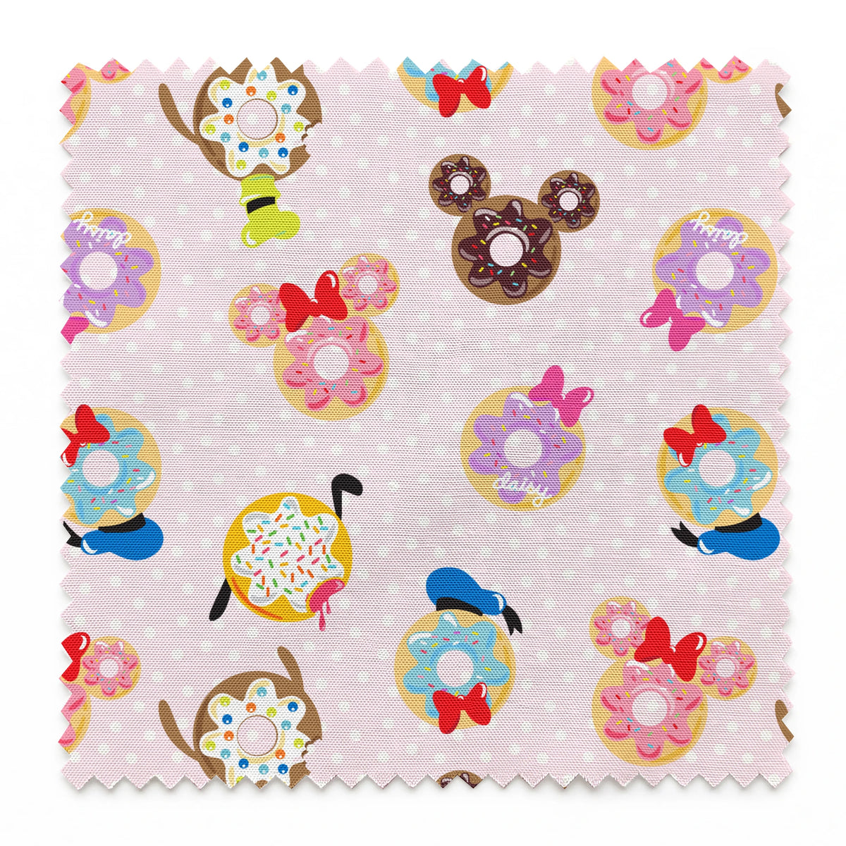 Mickey Mouse & friends donuts in various shapes on a pink polka dot background. springs swatch pinked