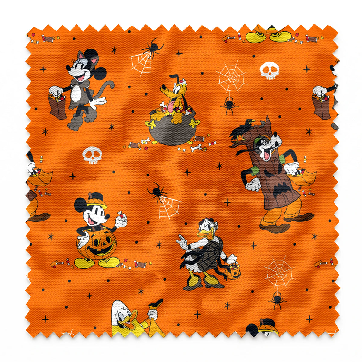 Halloween-themed orange pattern with Disney characters in costumes, spiderwebs, and skulls springs swatch pinked