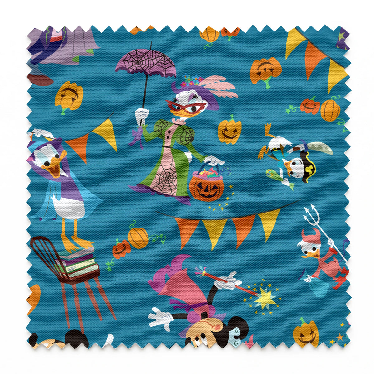 Whimsical Halloween pattern with Disney characters in costumes, pumpkins, and orange bunting on teal background. springs swatch pinked