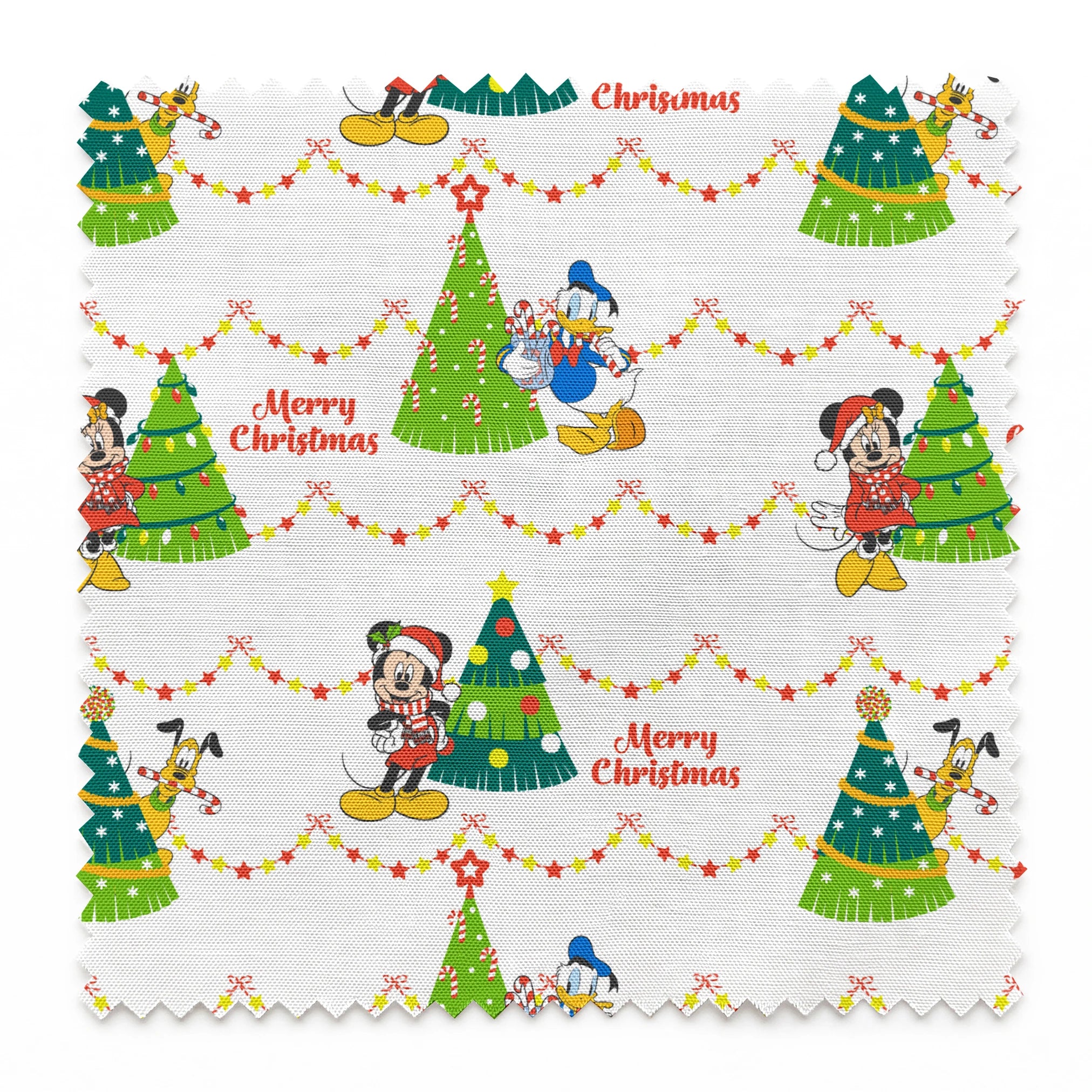 Disney Christmas pattern with Mickey, Minnie, and Donald beside decorated trees with star garland borders springs swatch pinked